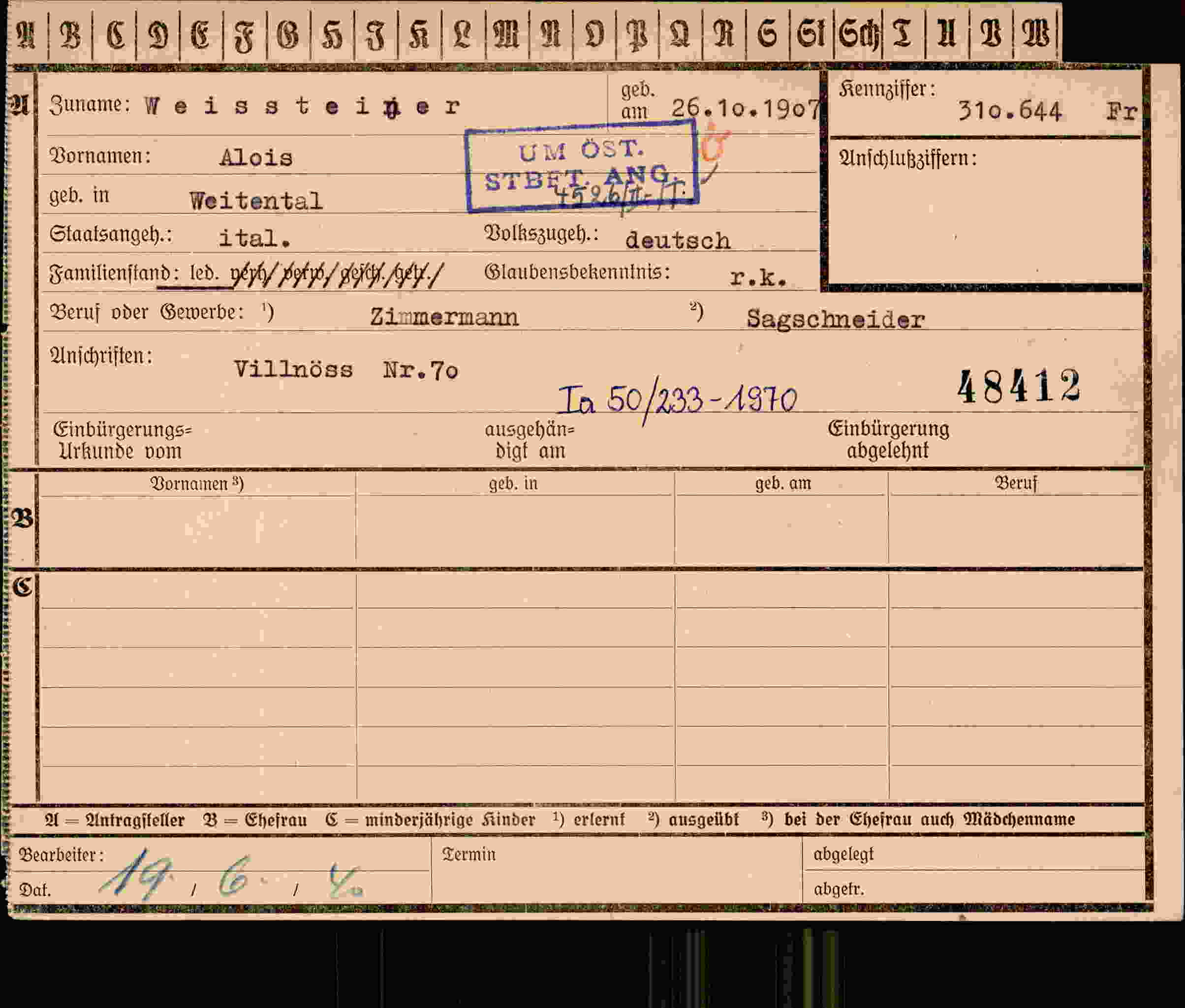 Dokument für Alois Weissteiner
