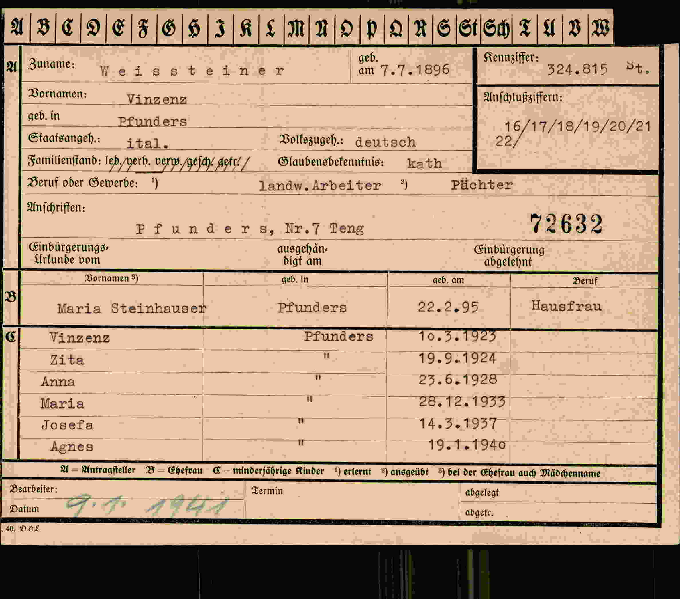 Dokument für Vinzenz Weisssteiner