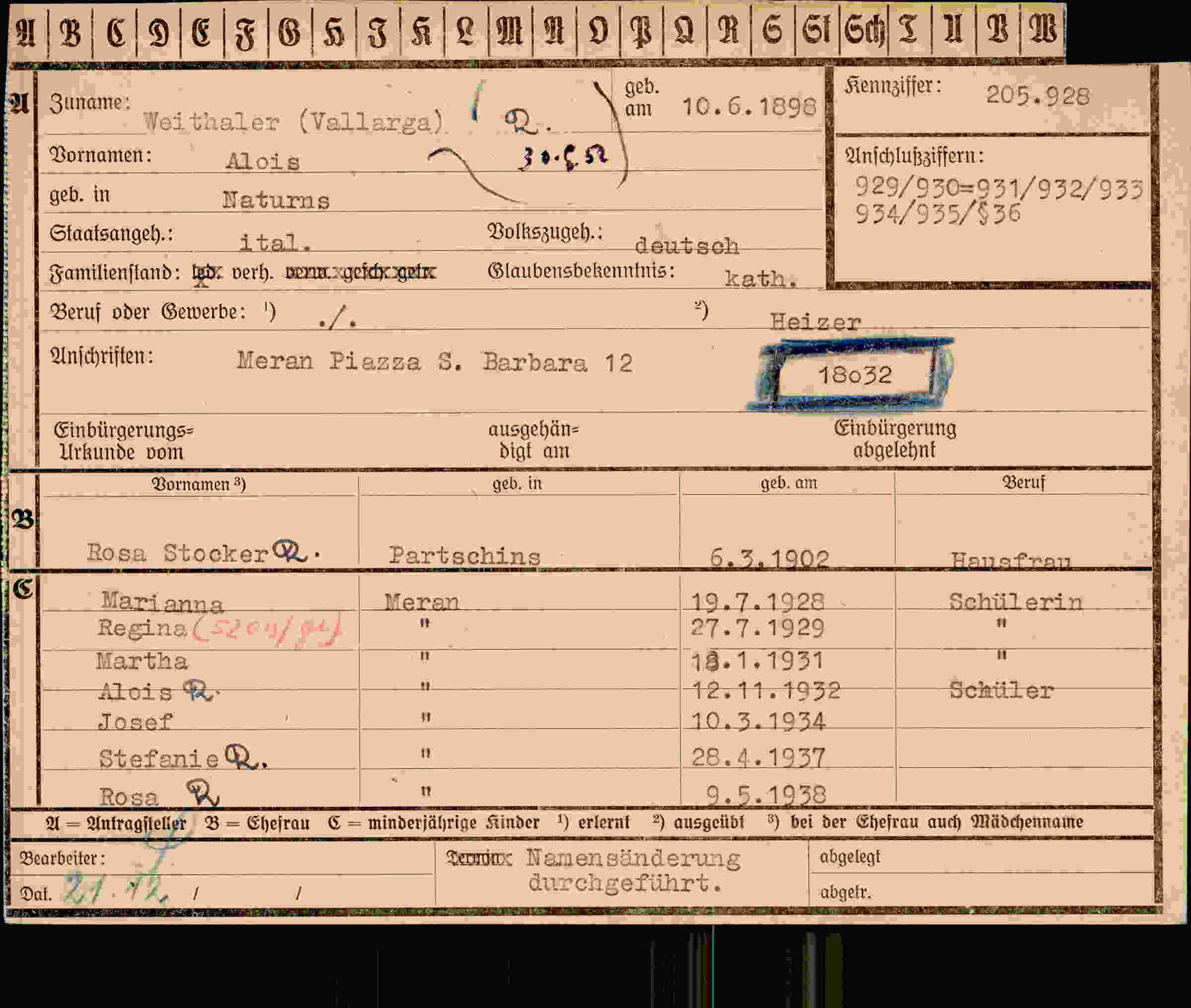 Dokument für Alois Weithaler