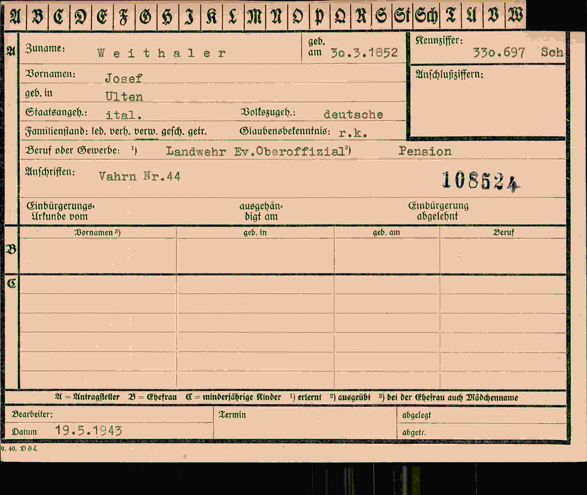 Dokument für Josef Weithaler