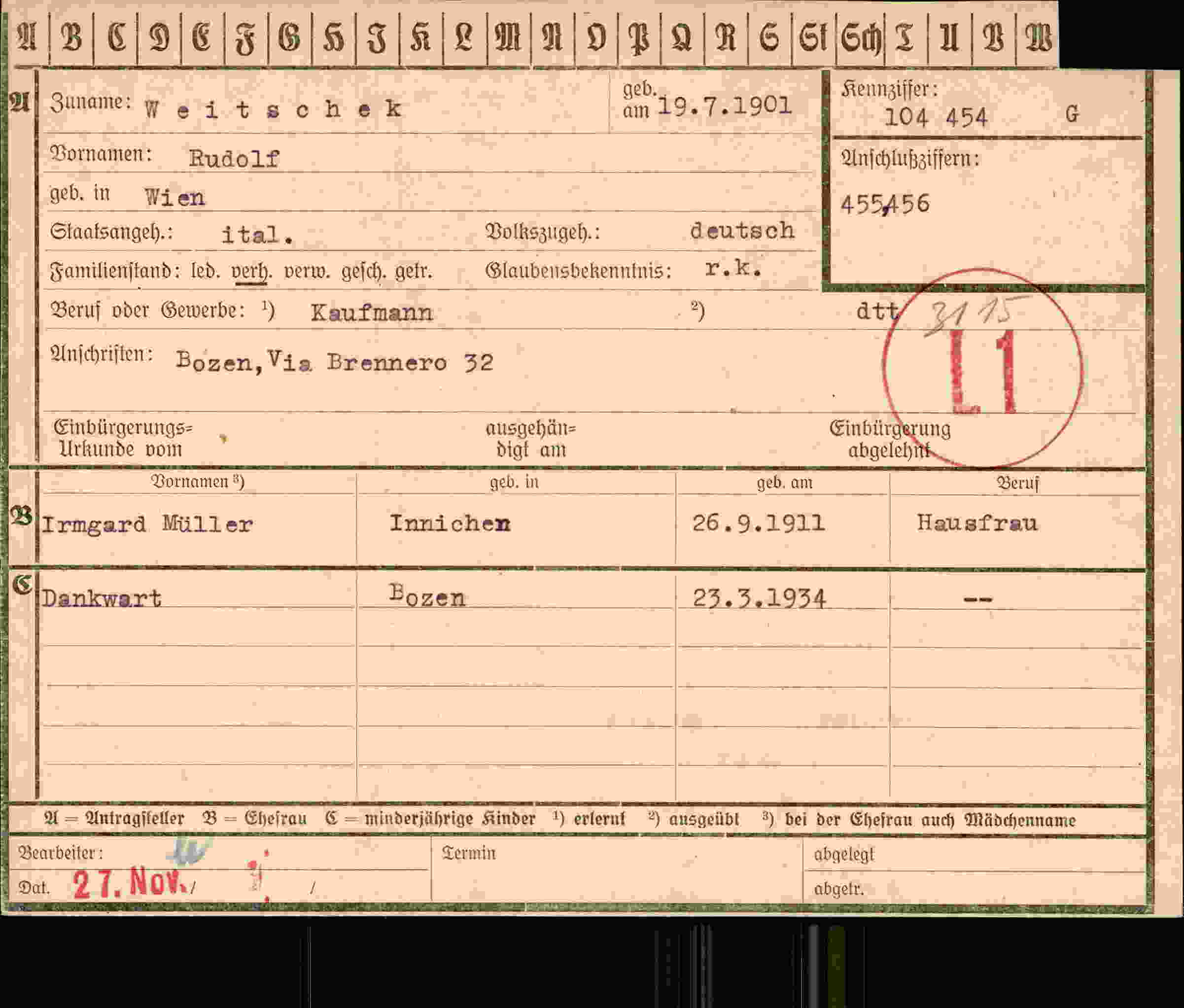 Dokument für Rudolf Weitschek