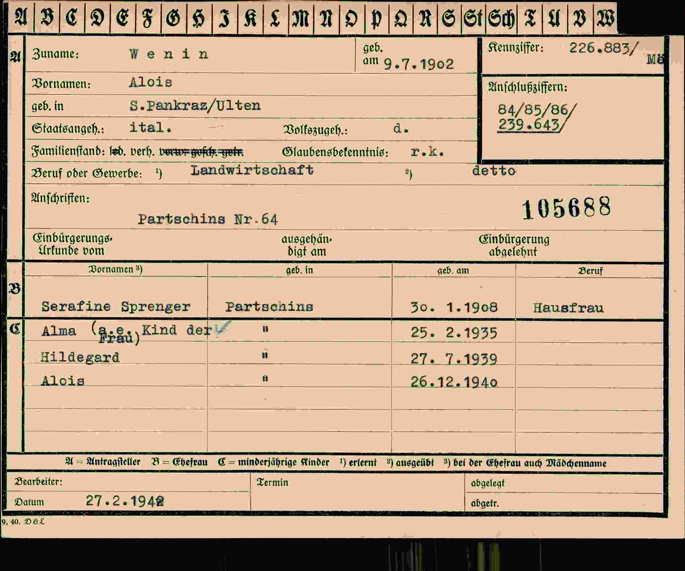Dokument für Alois Wenin