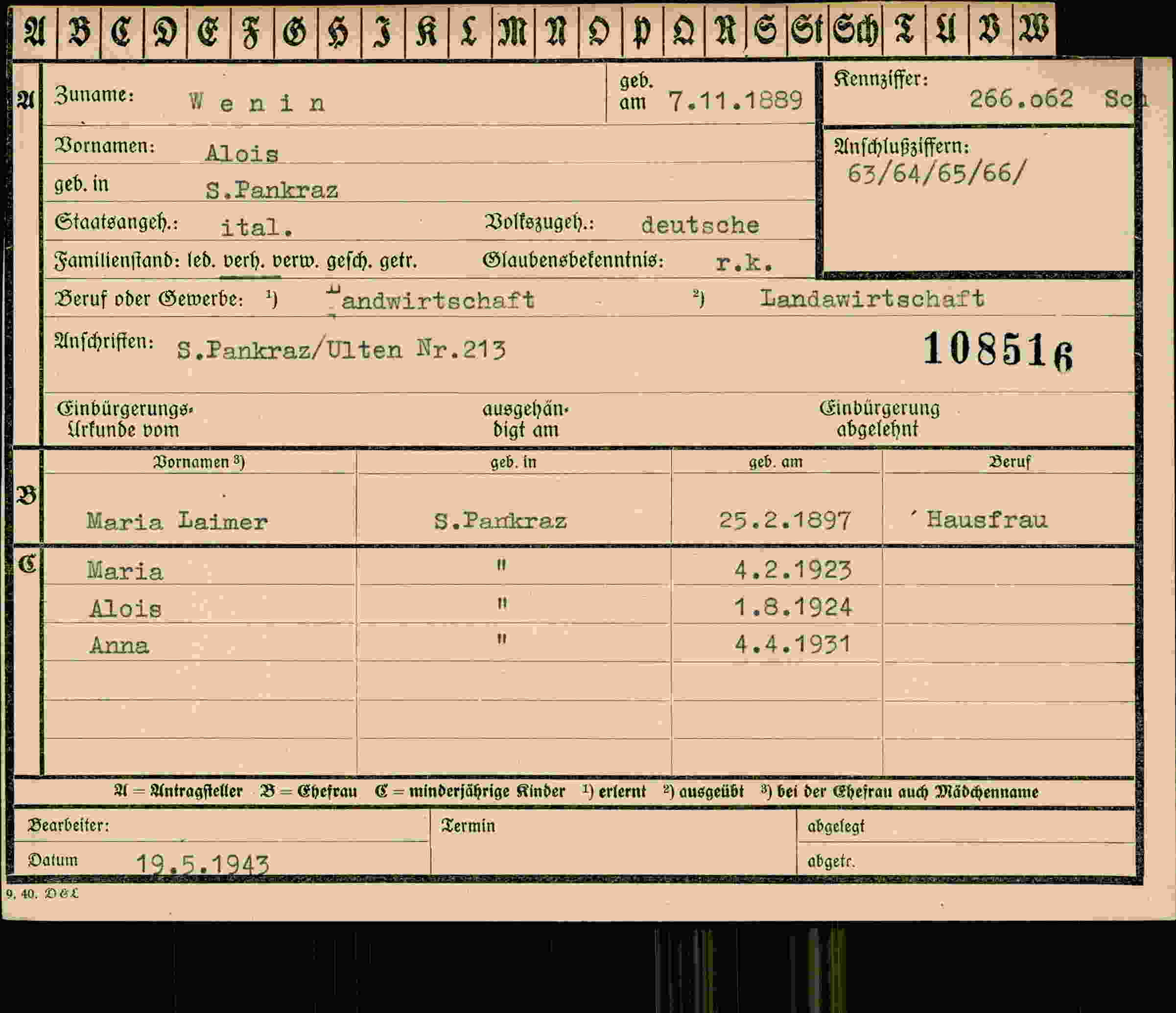 Dokument für Alois Wenin