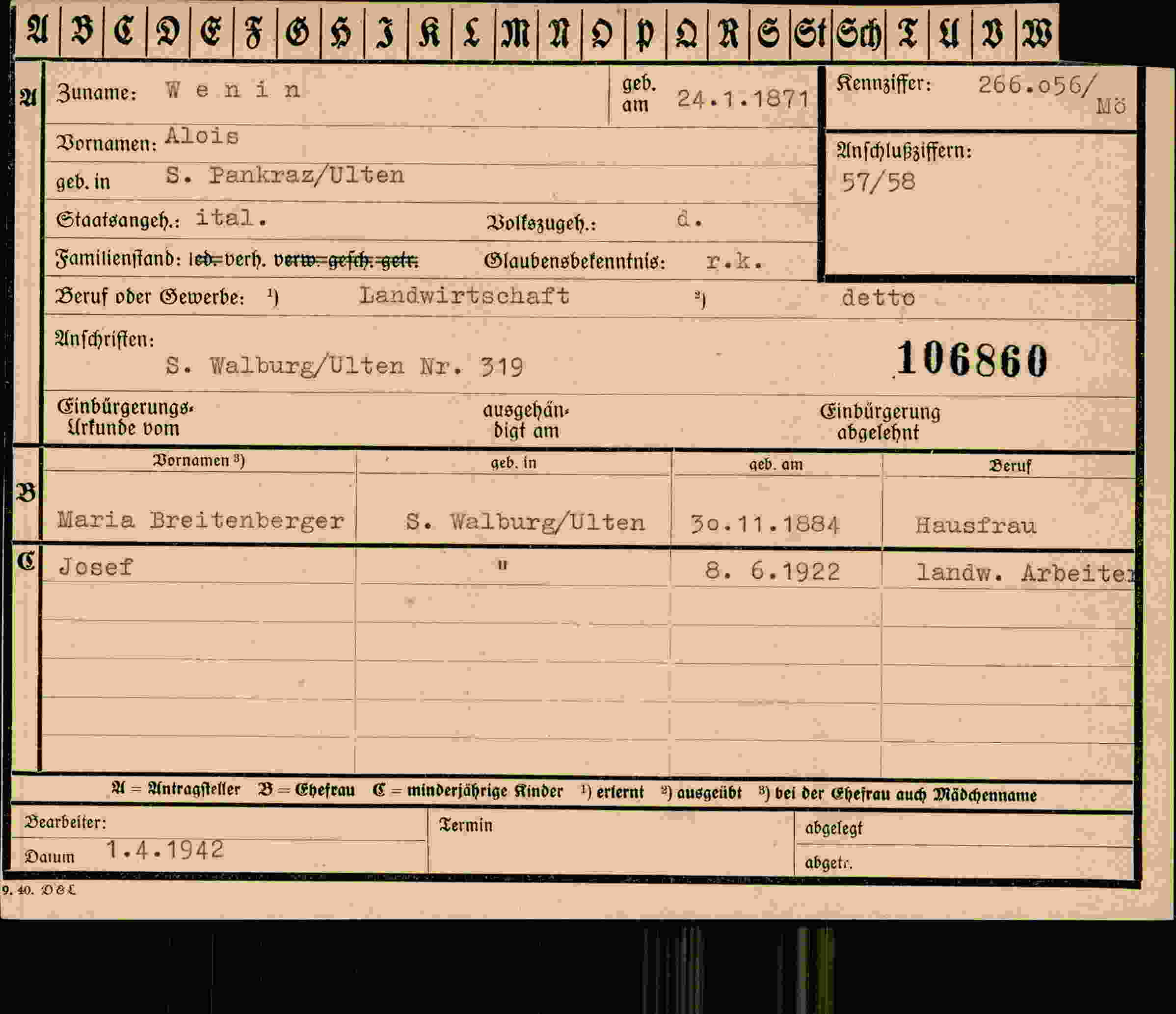 Dokument für Alois Wenin
