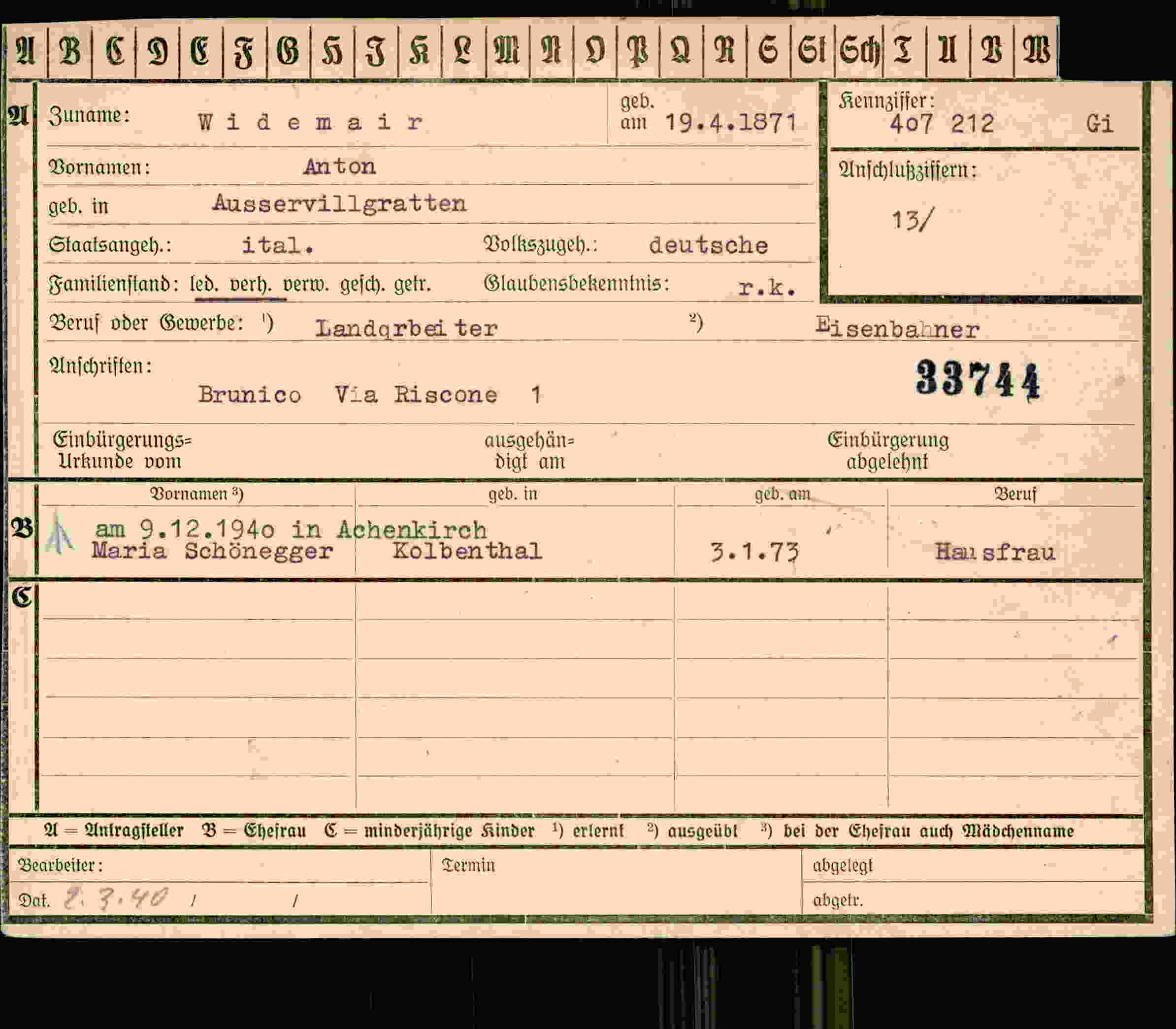 Dokument für Anton Widemair