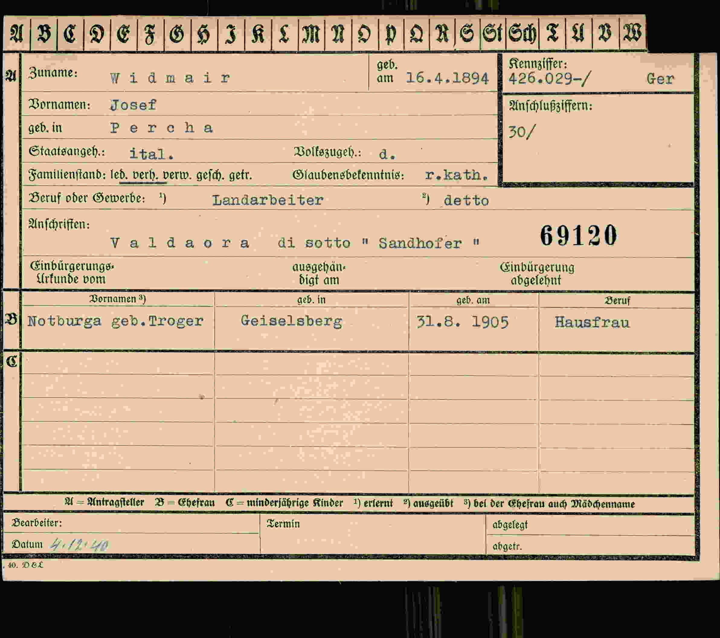 Dokument für Josef Widmair