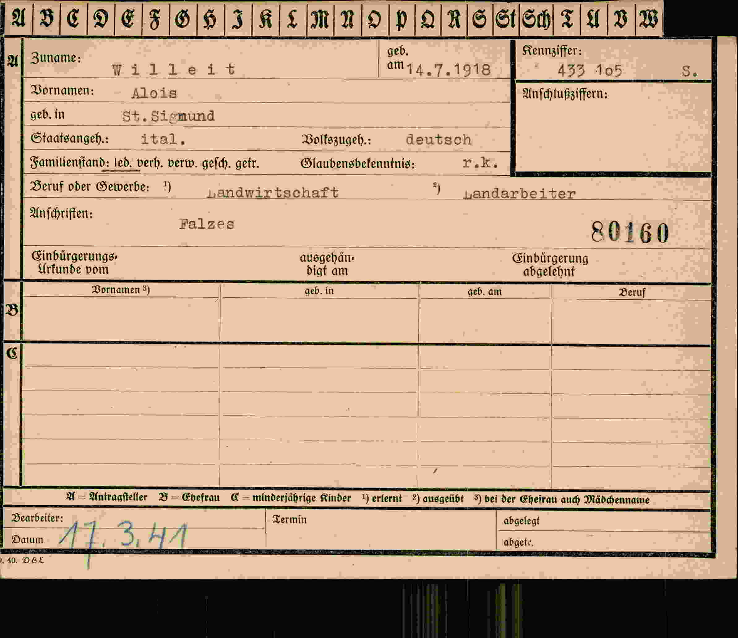 Dokument für Alois Willeit