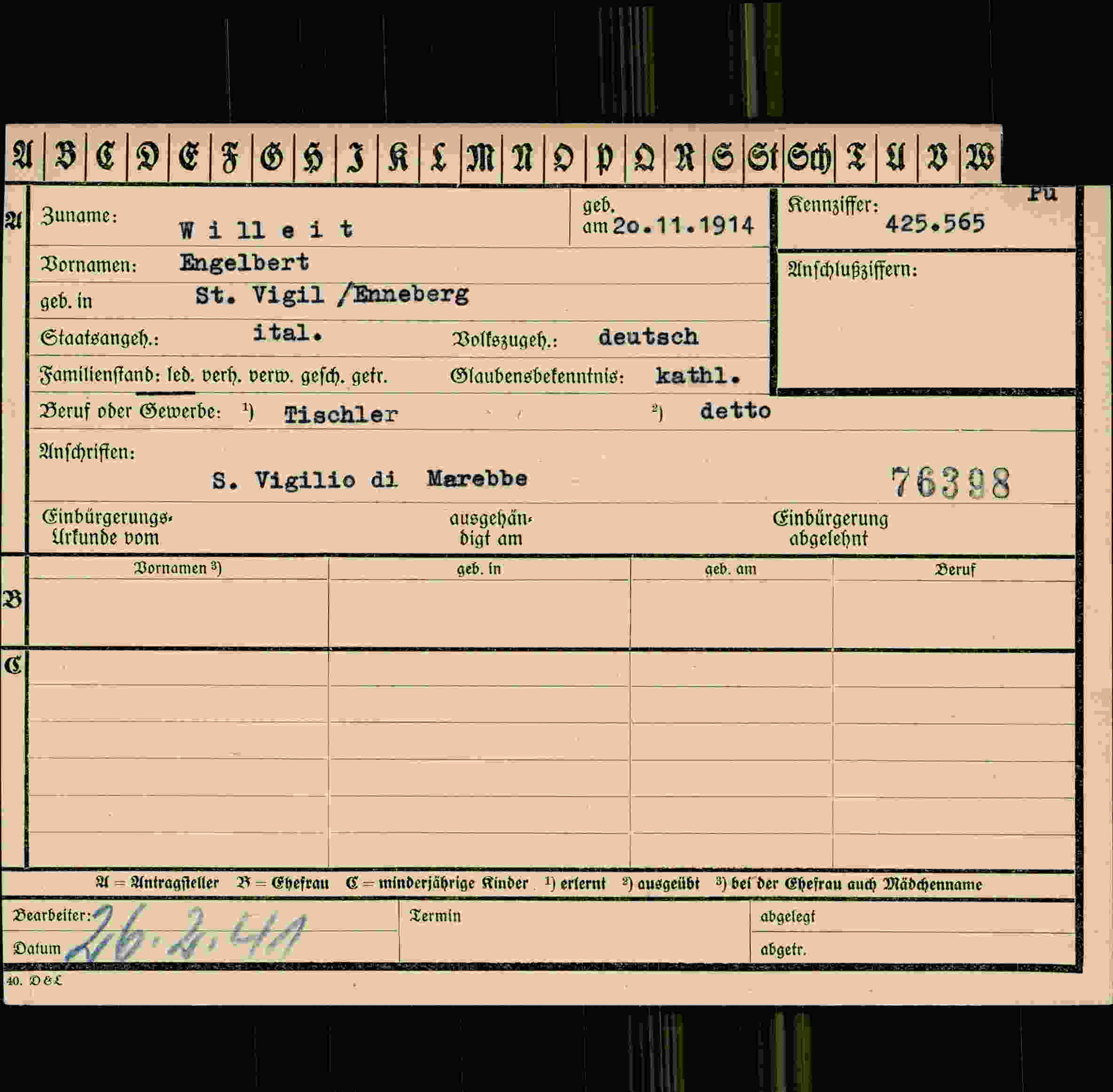 Dokument für Engelbert Willeit