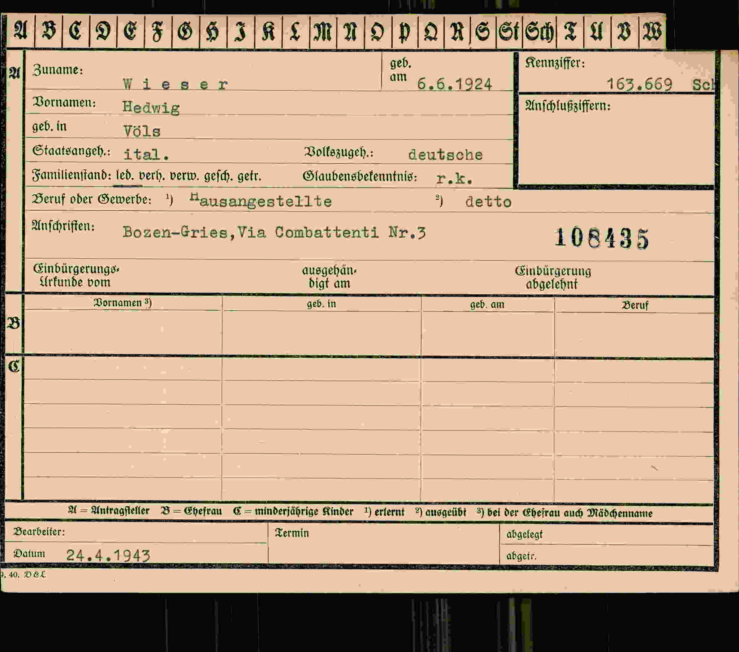 Dokument für Hedwig Wieser