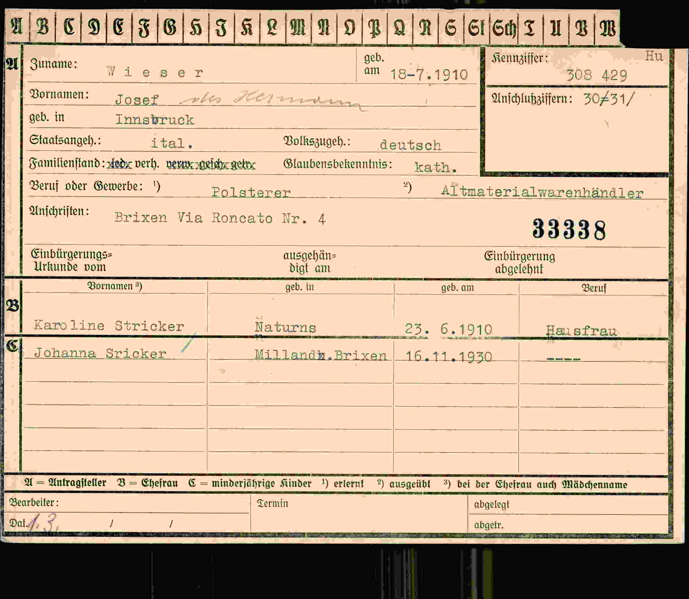 Dokument für Josef des Wieser