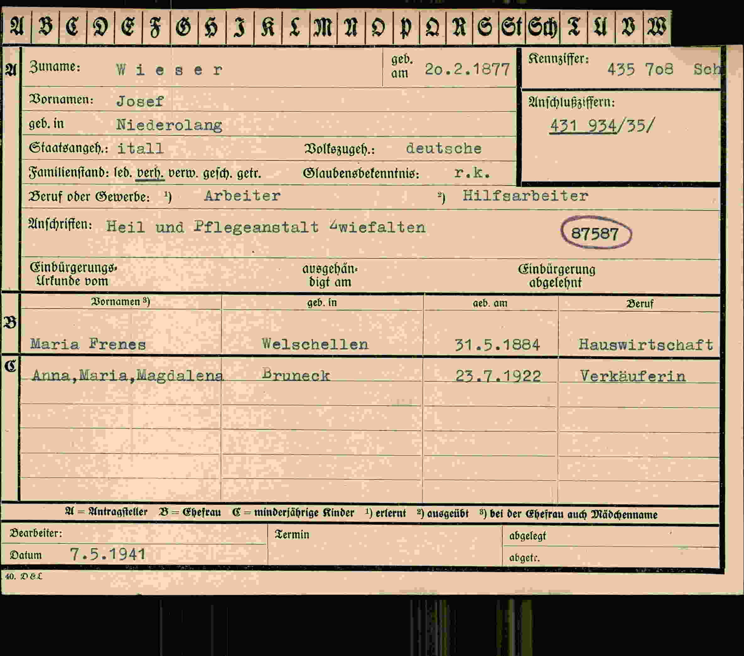Dokument für Josef Wieser
