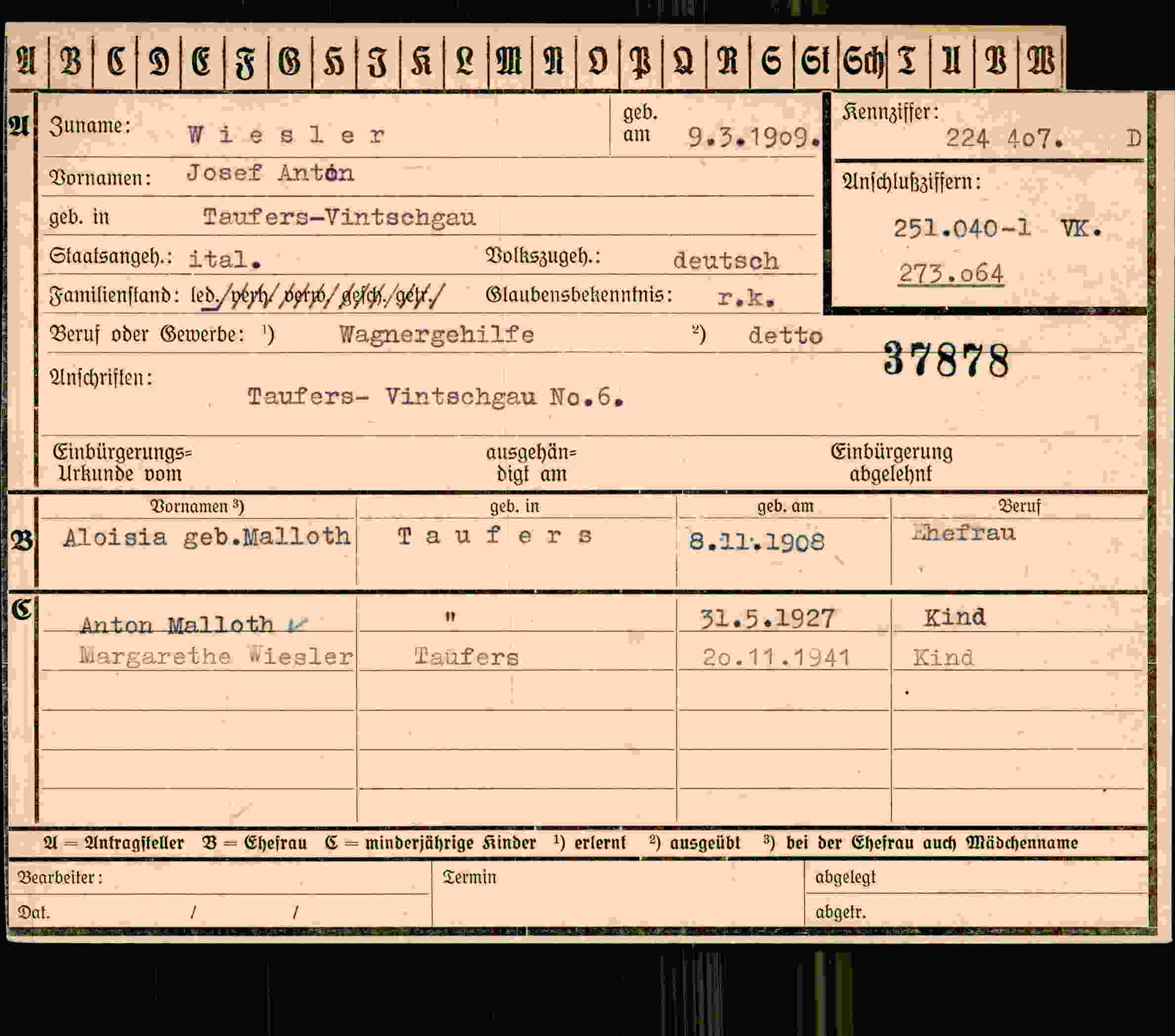 Dokument für Josef Anton Wiesler