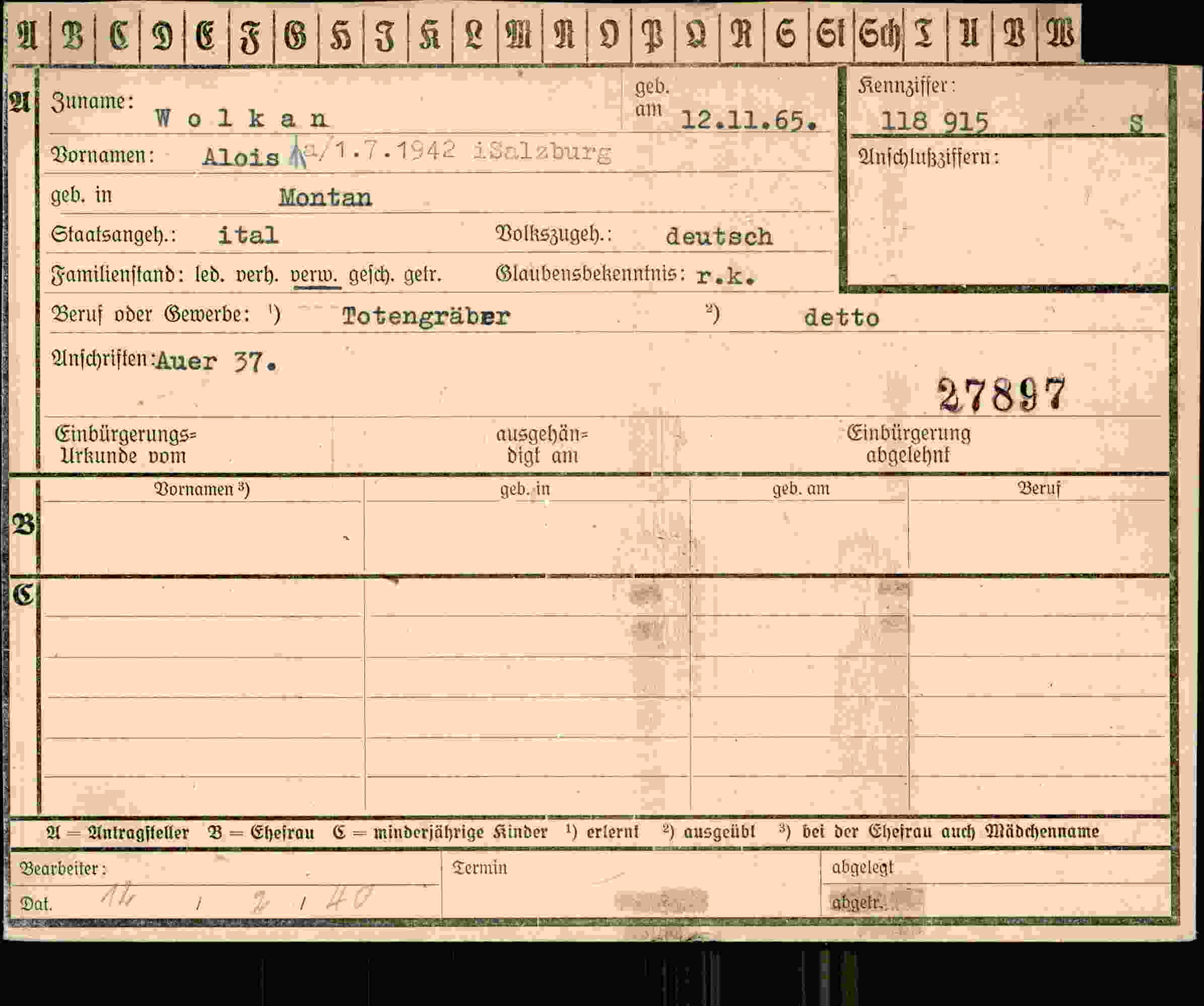 Dokument für Alois Wolkan