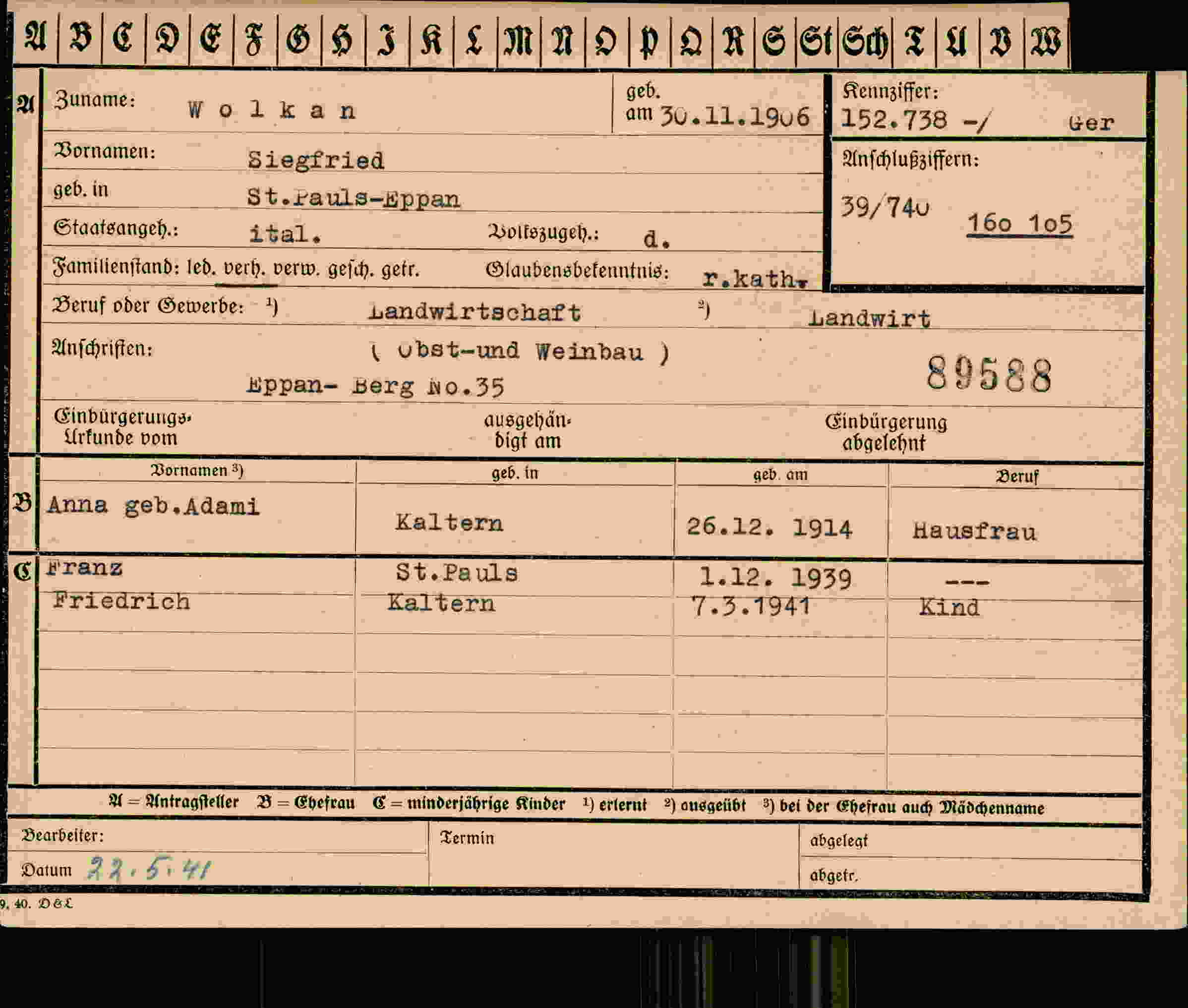 Dokument für Siegfried Wolkan