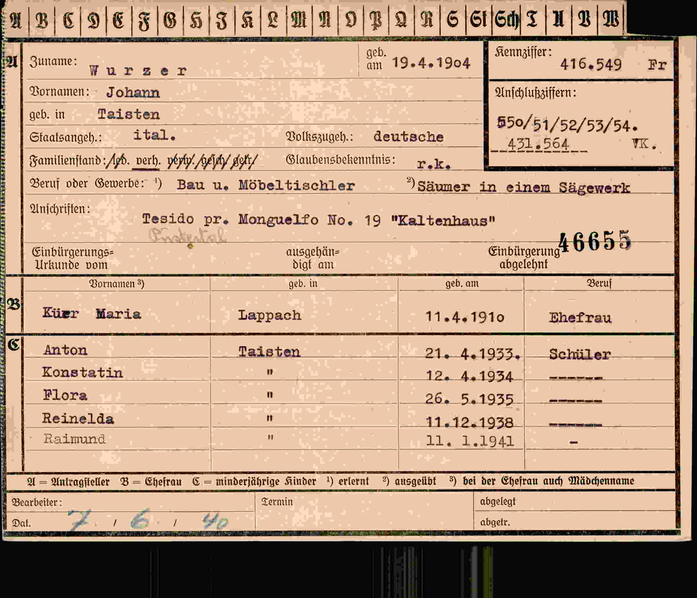 Dokument für Johann Wurzer