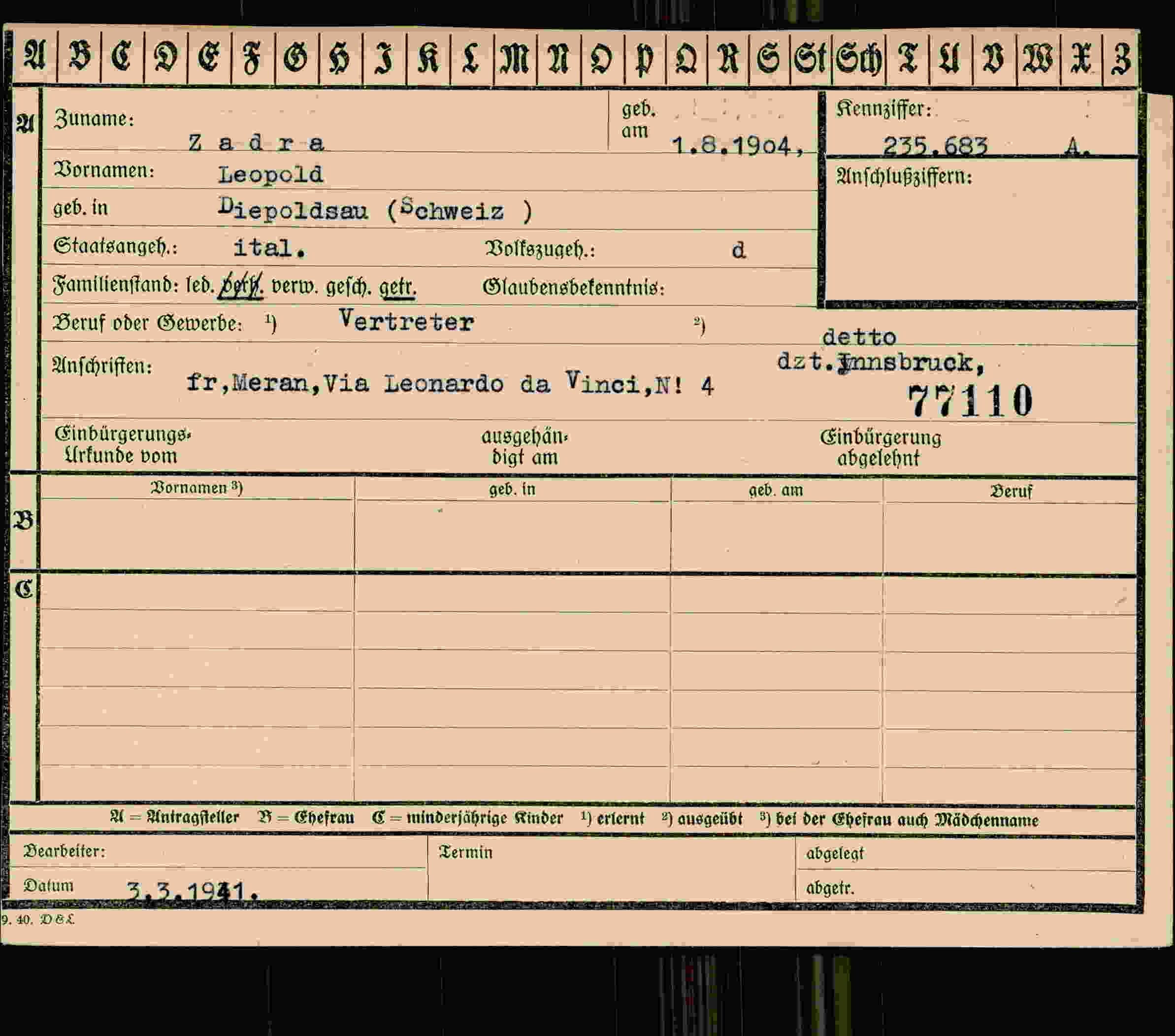 Dokument für Leopold Zadra