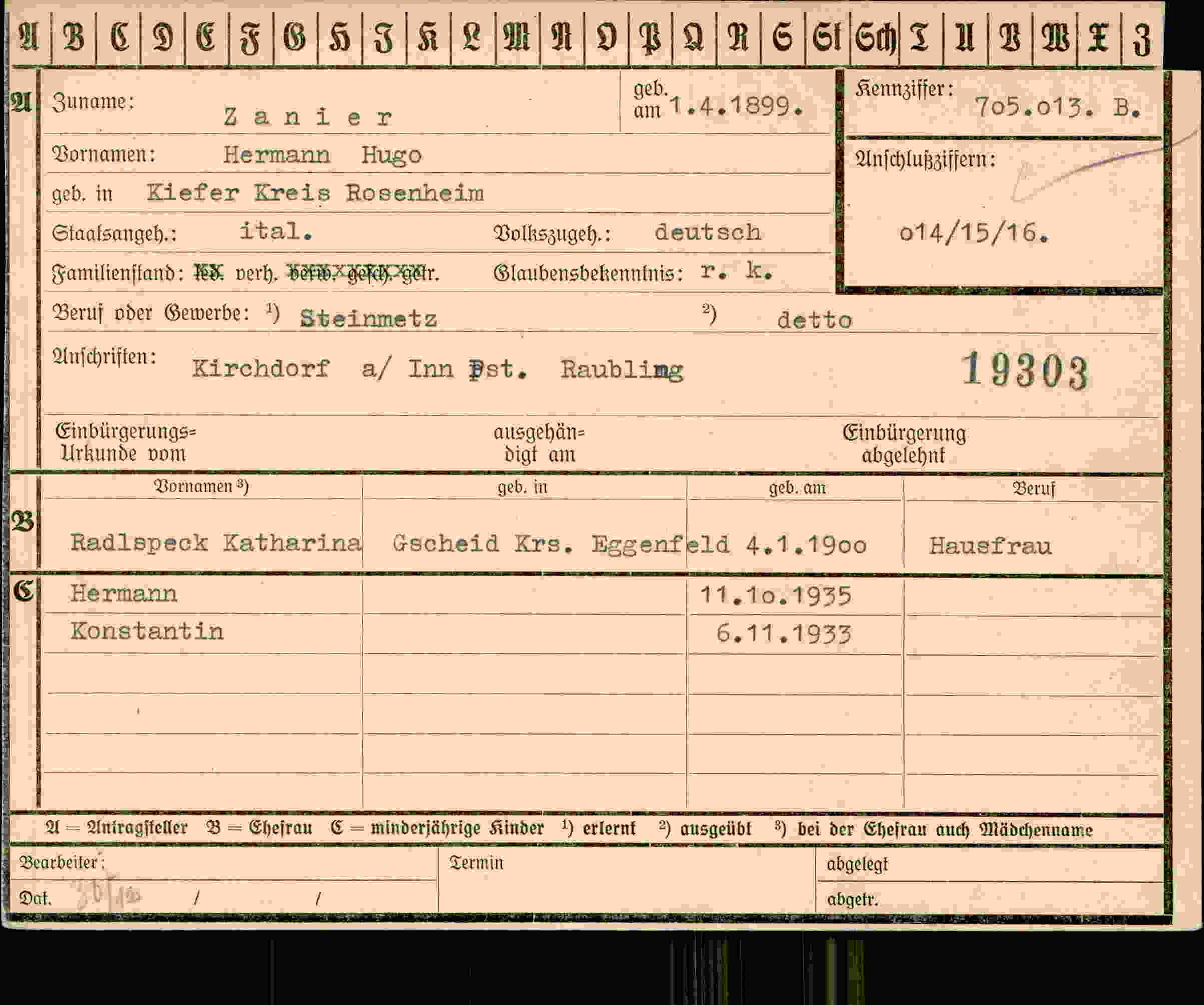 Dokument für Hermann Hugo Zanier