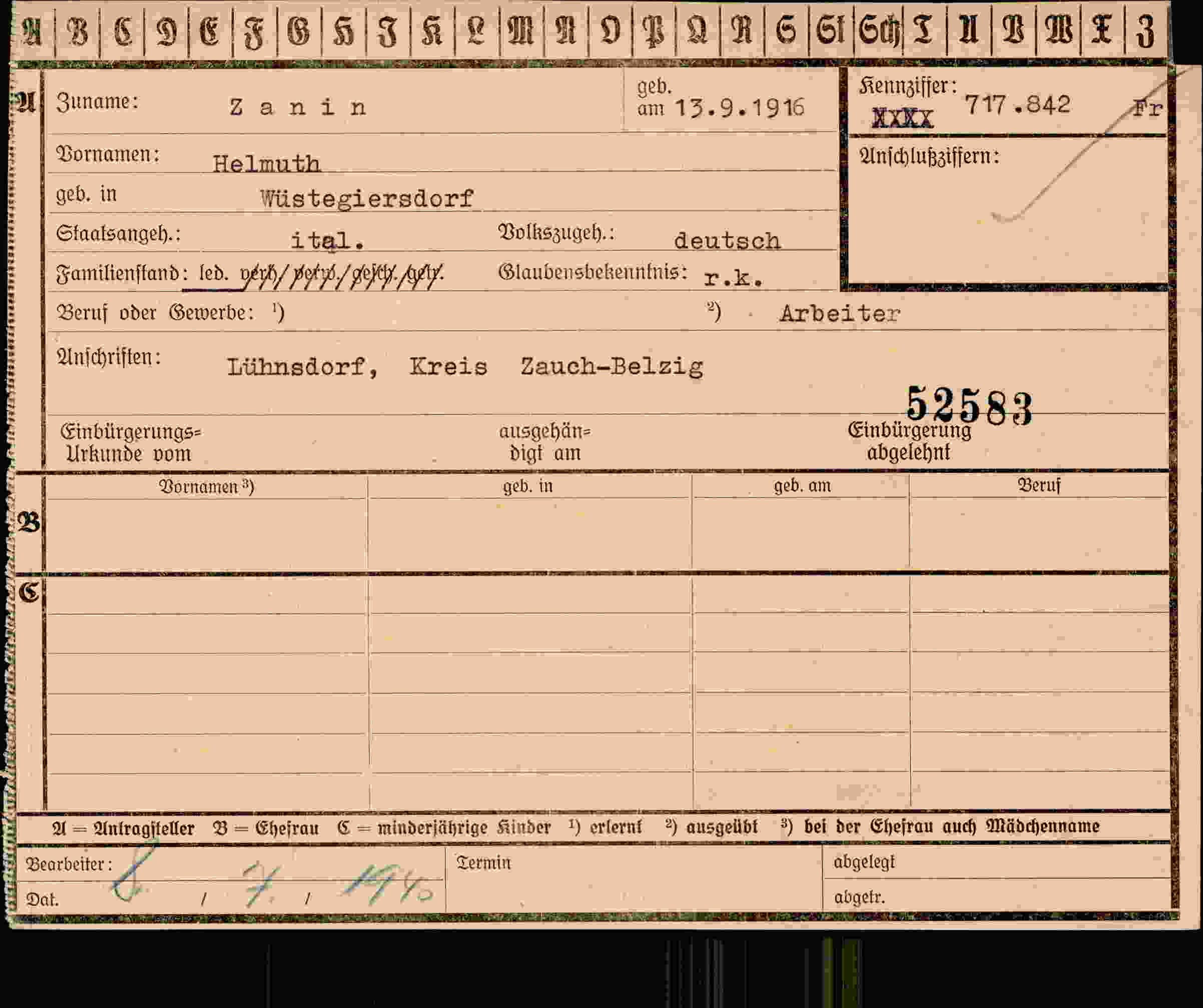 Dokument für Helmuth Zanin