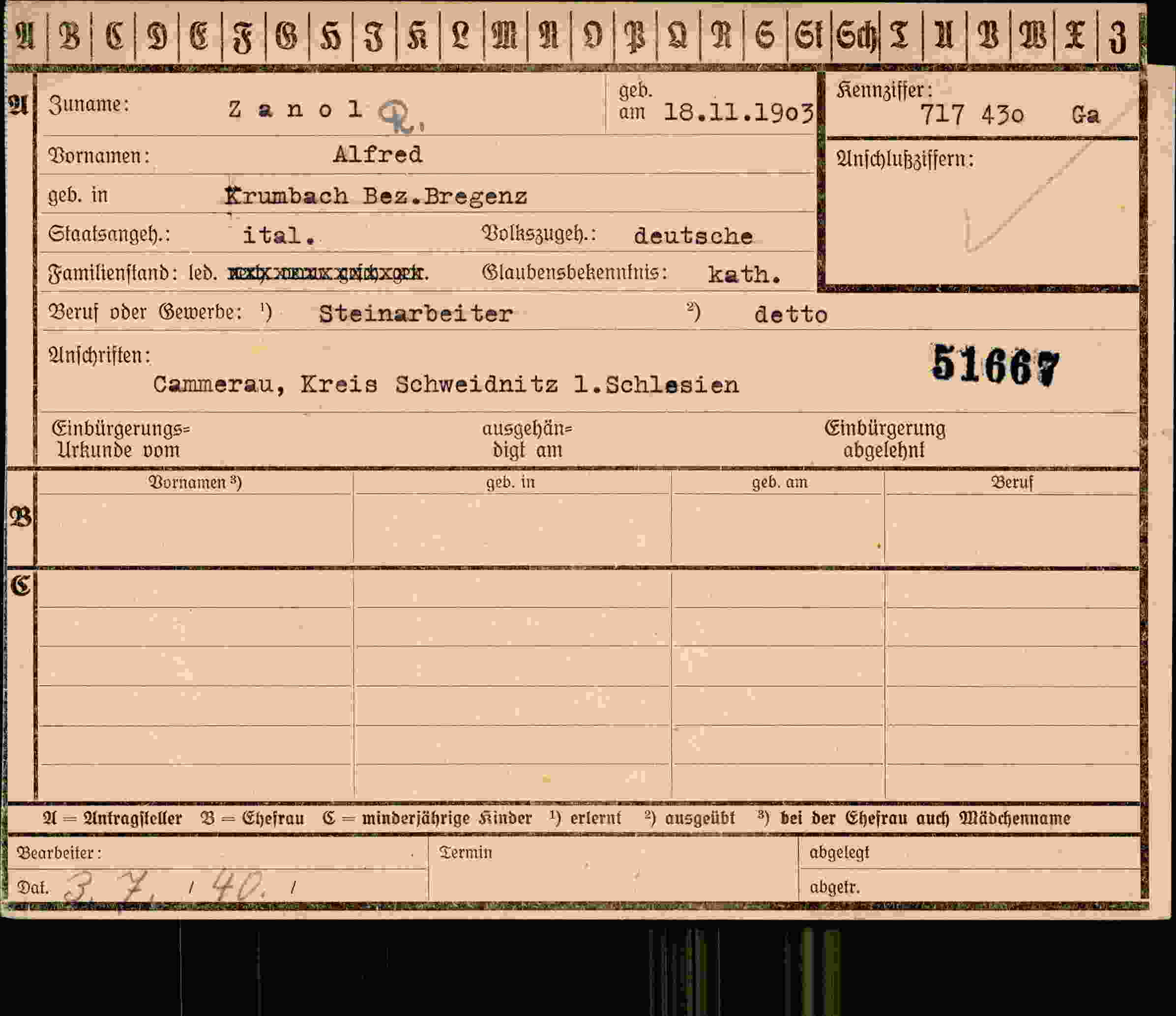 Dokument für Alfred Zanol