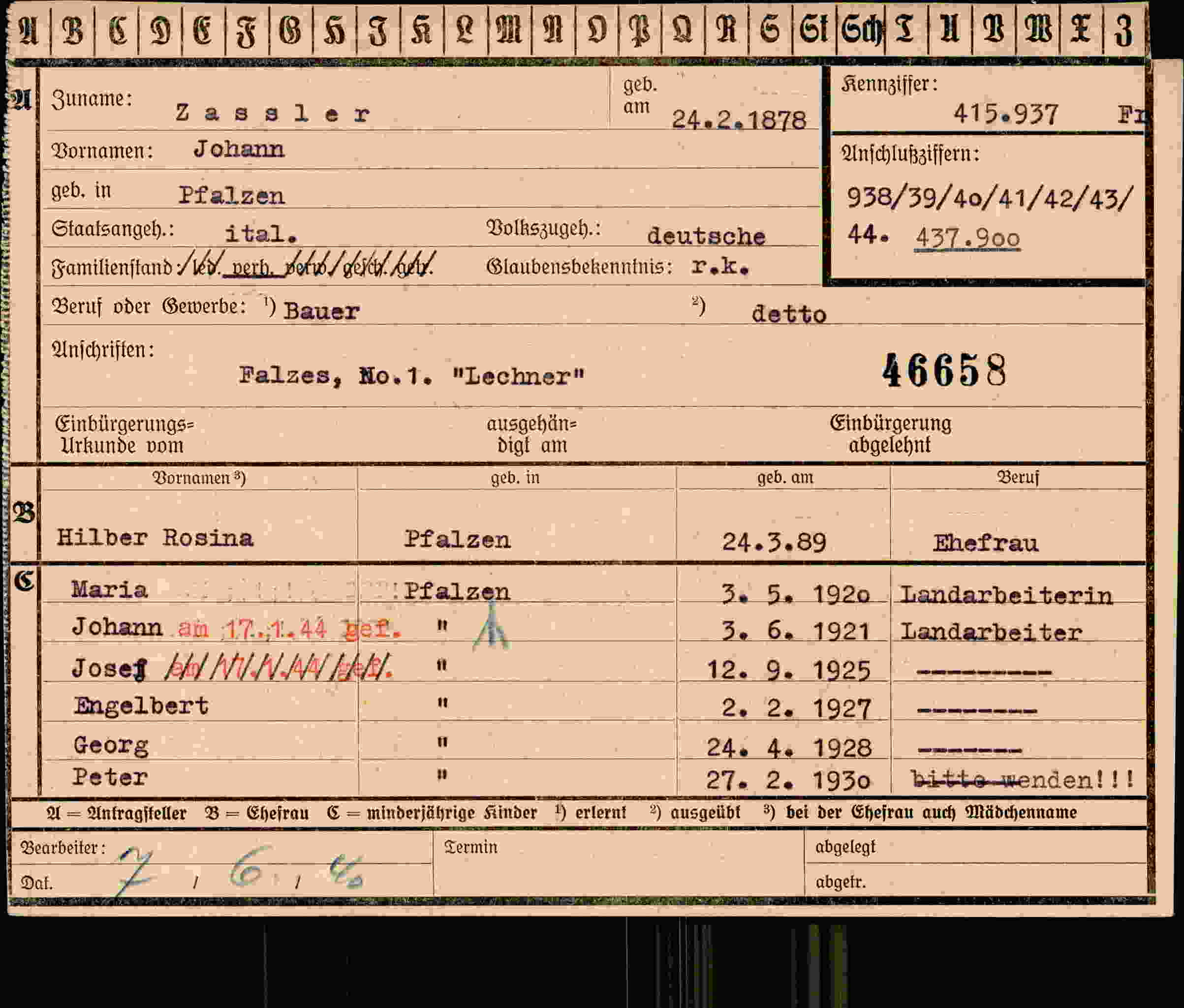 Dokument für Johann Zassler