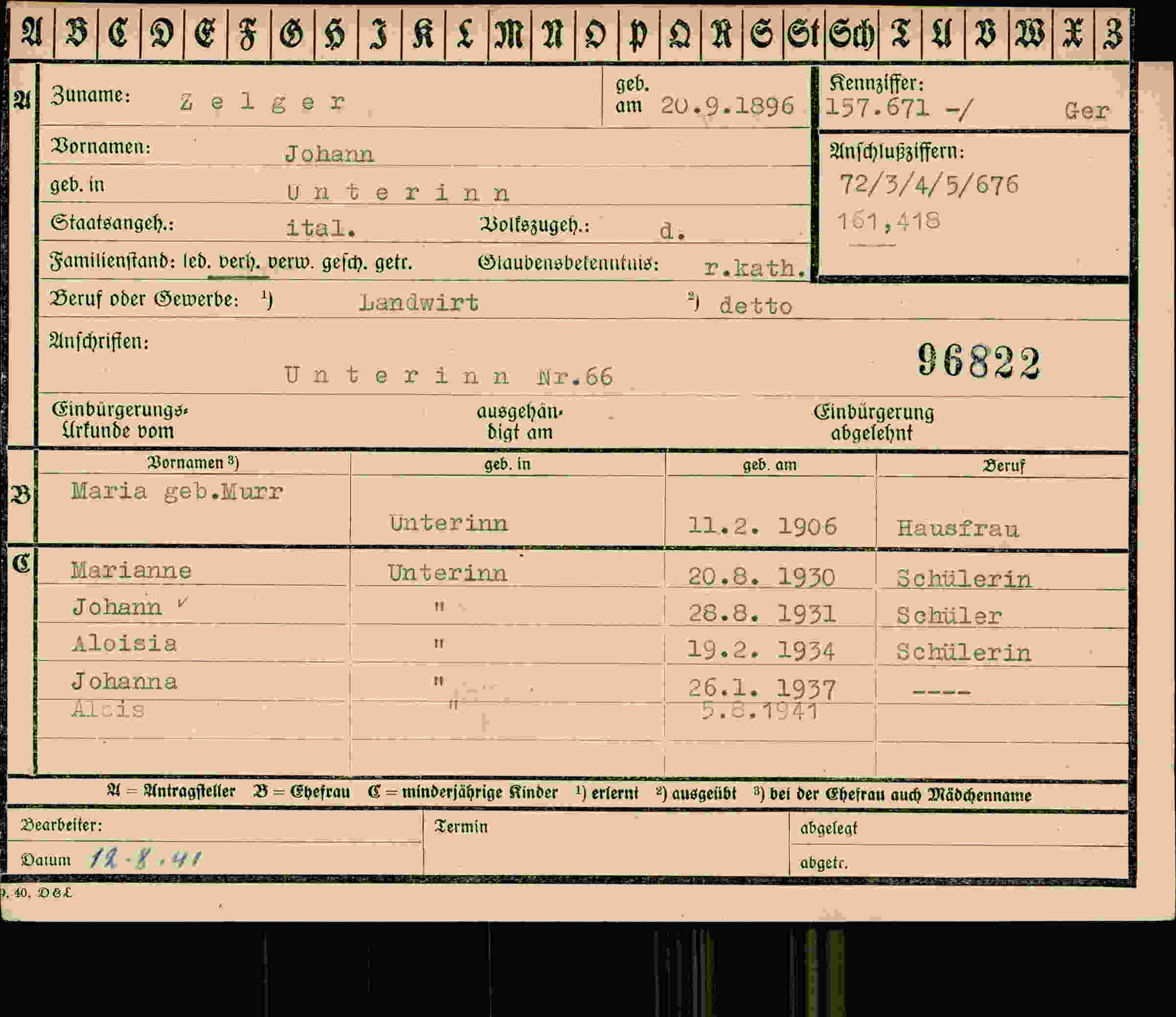 Dokument für Johann Zelger