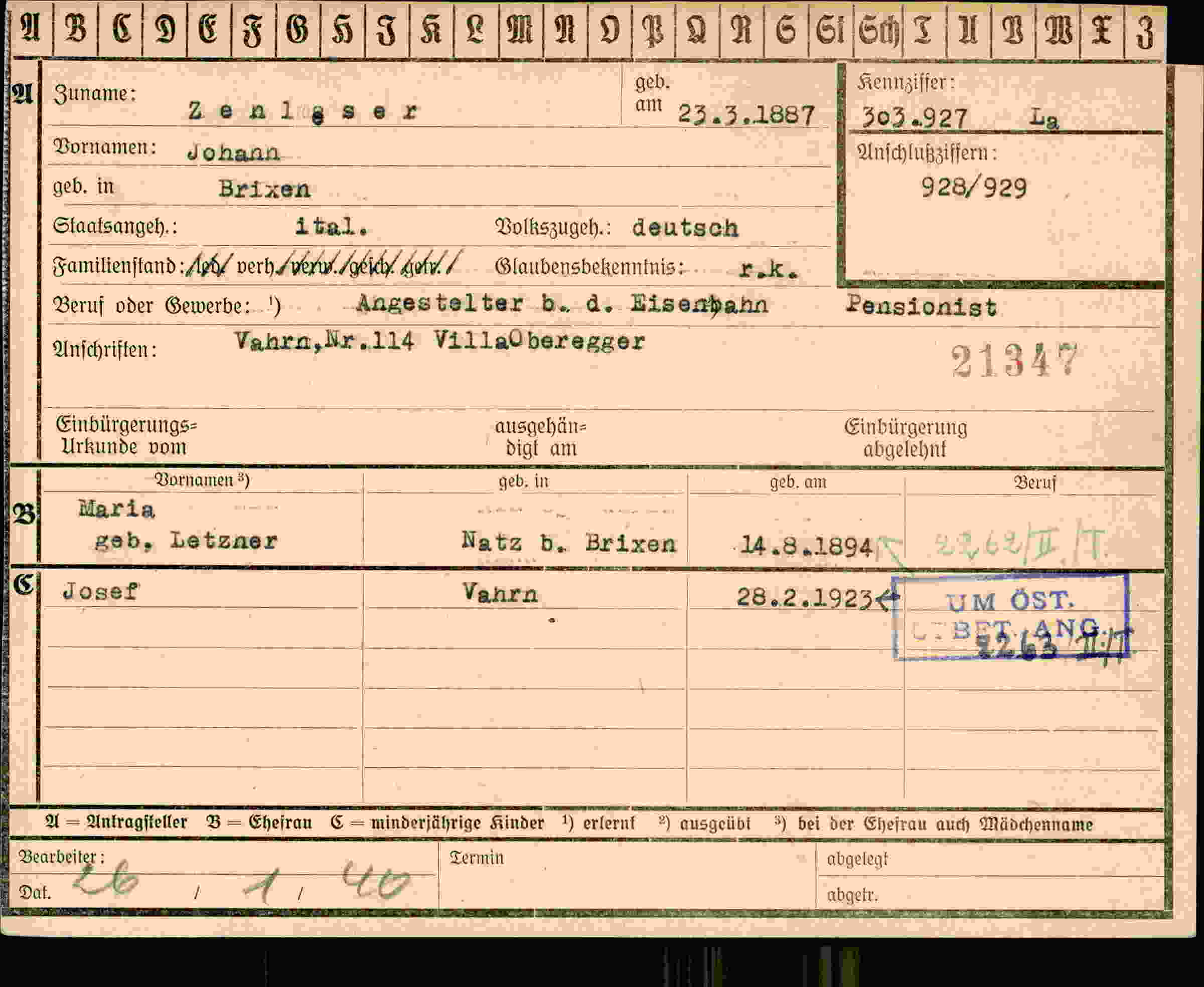 Dokument für Johann Zenlæser