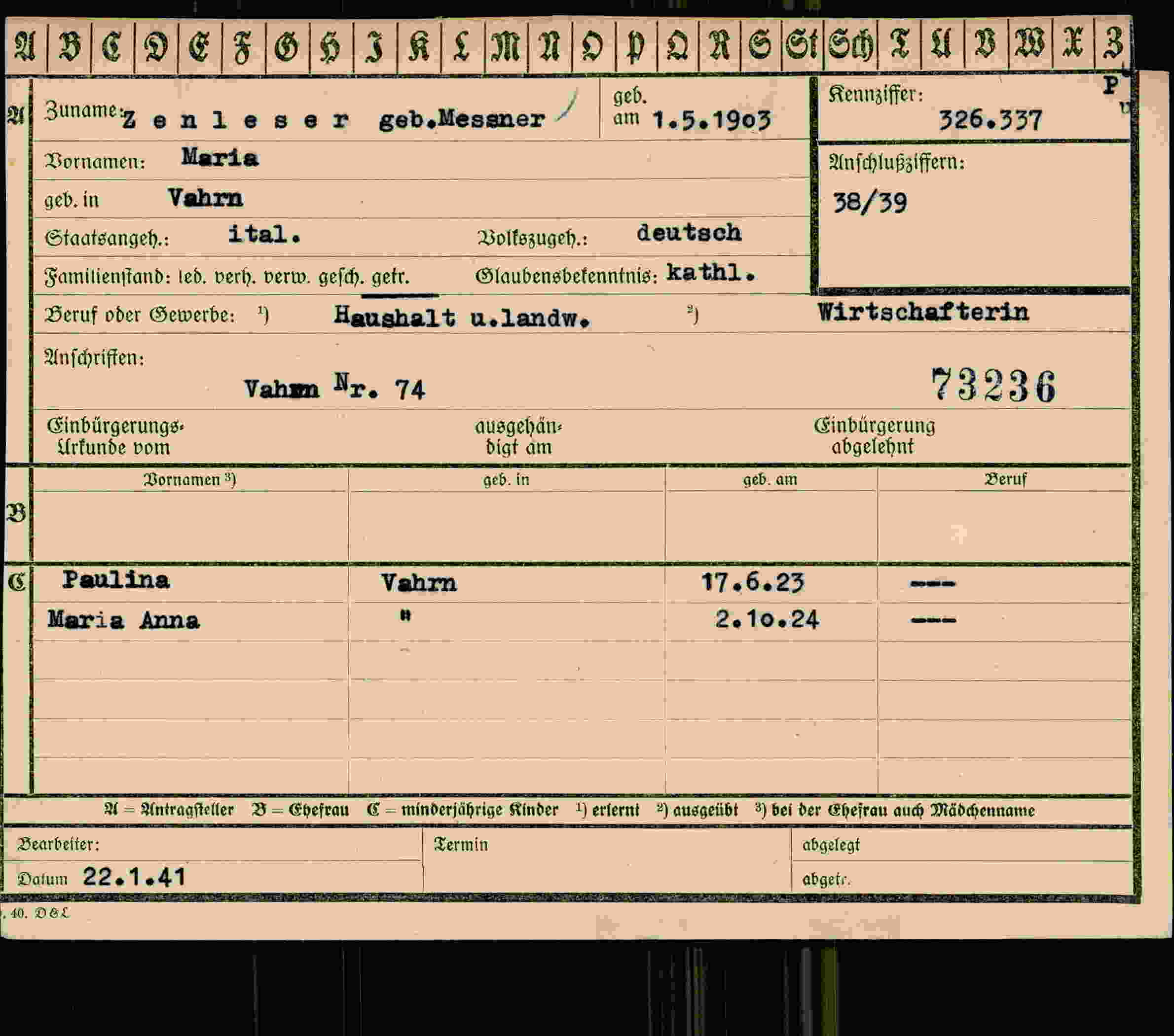 Dokument für Maria Zenleser