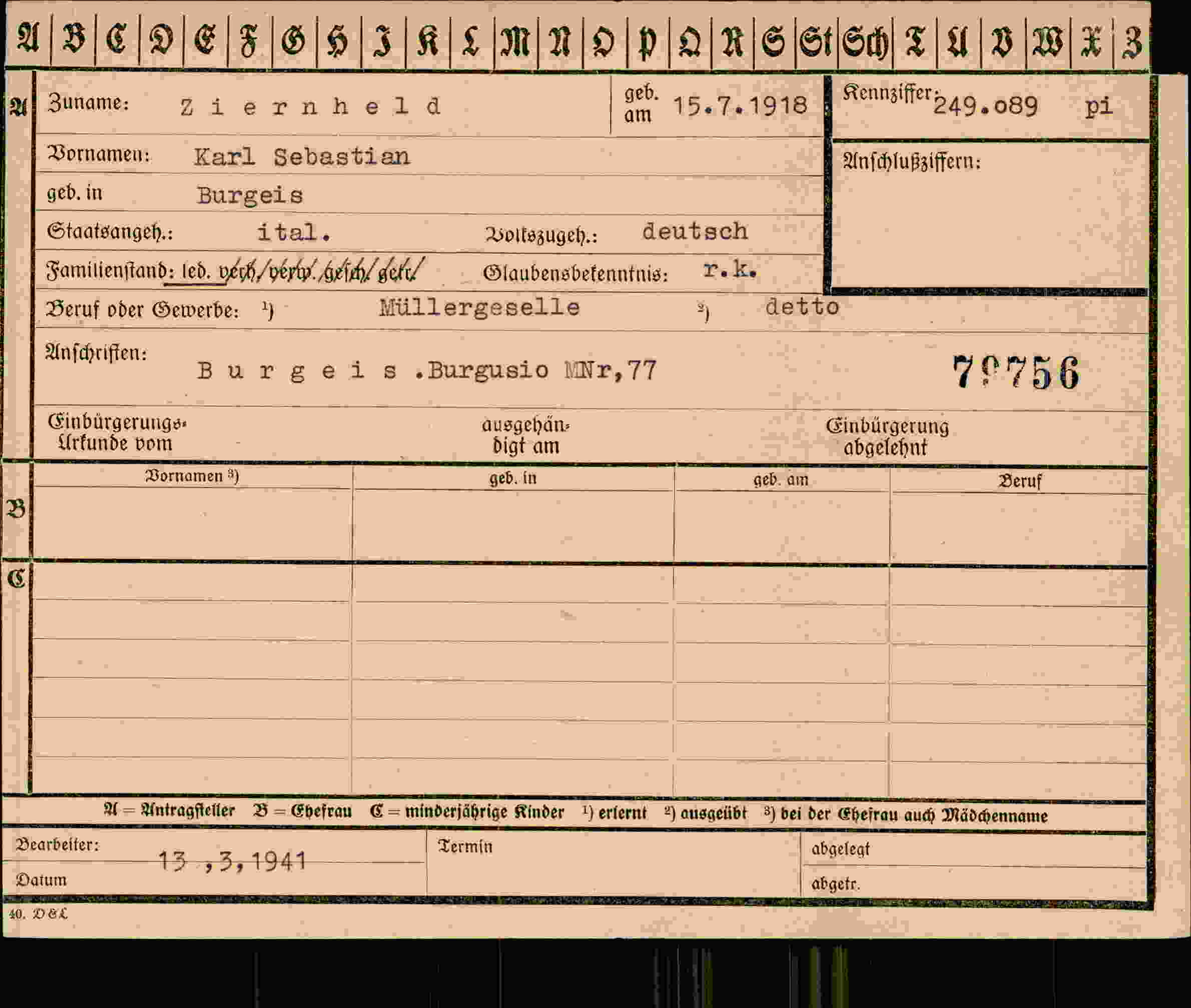 Dokument für Karl Sebastian Ziernheld