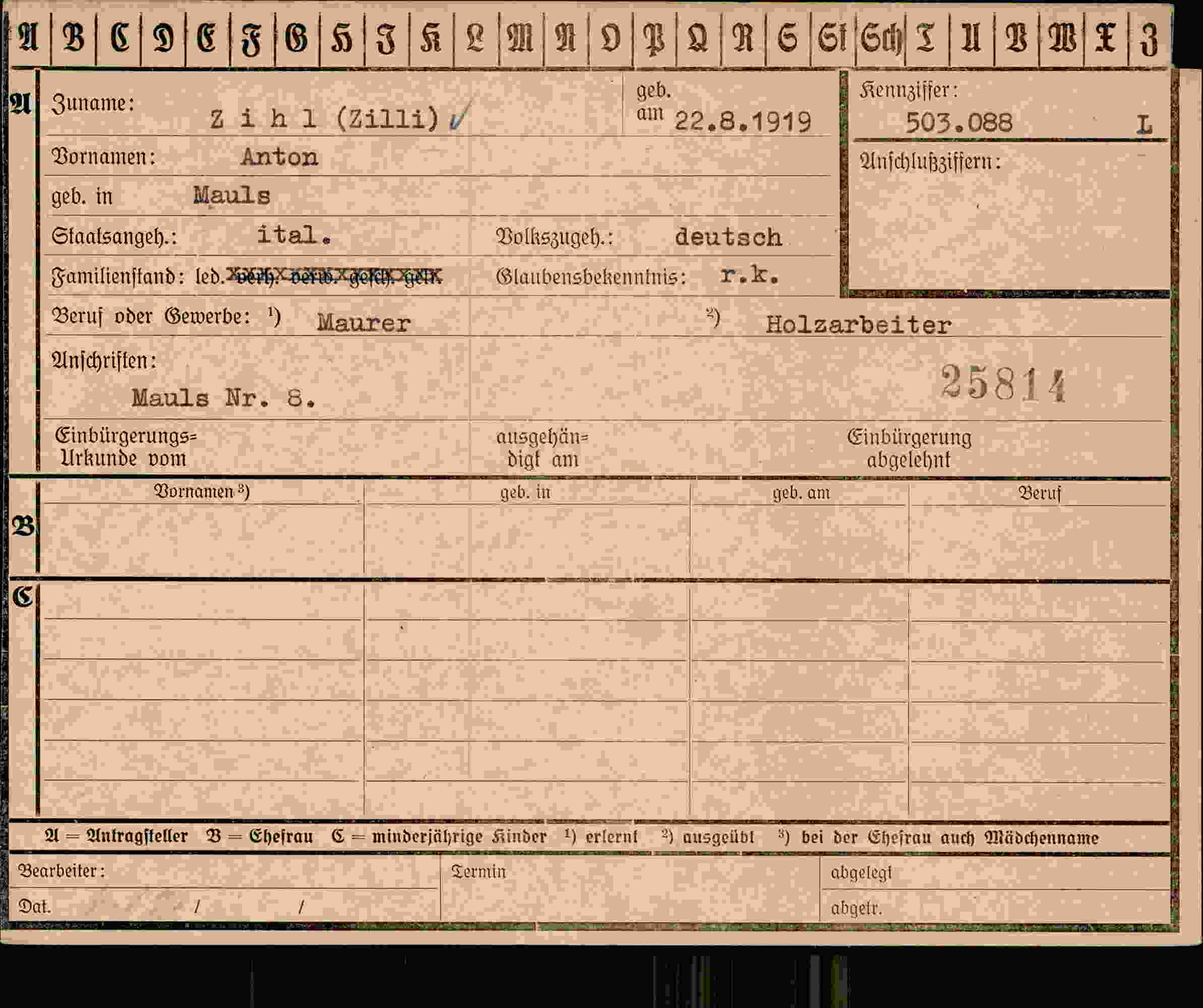 Dokument für Anton Zihl