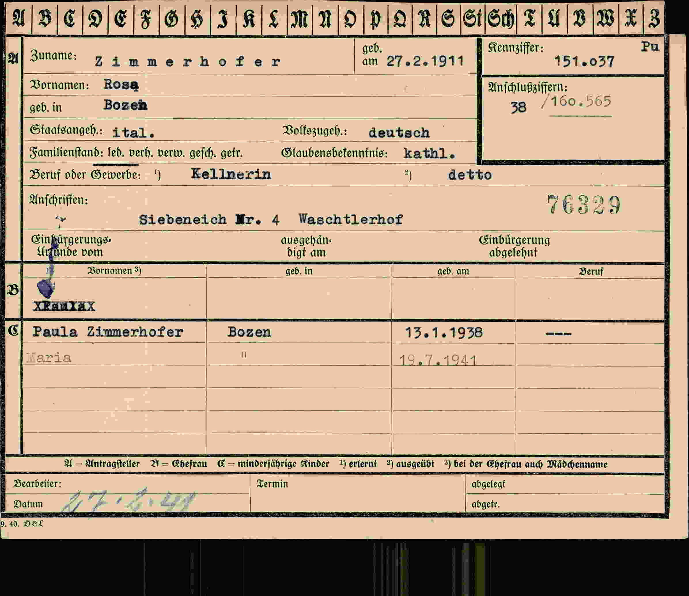 Dokument für Rosa Zimmerhofer