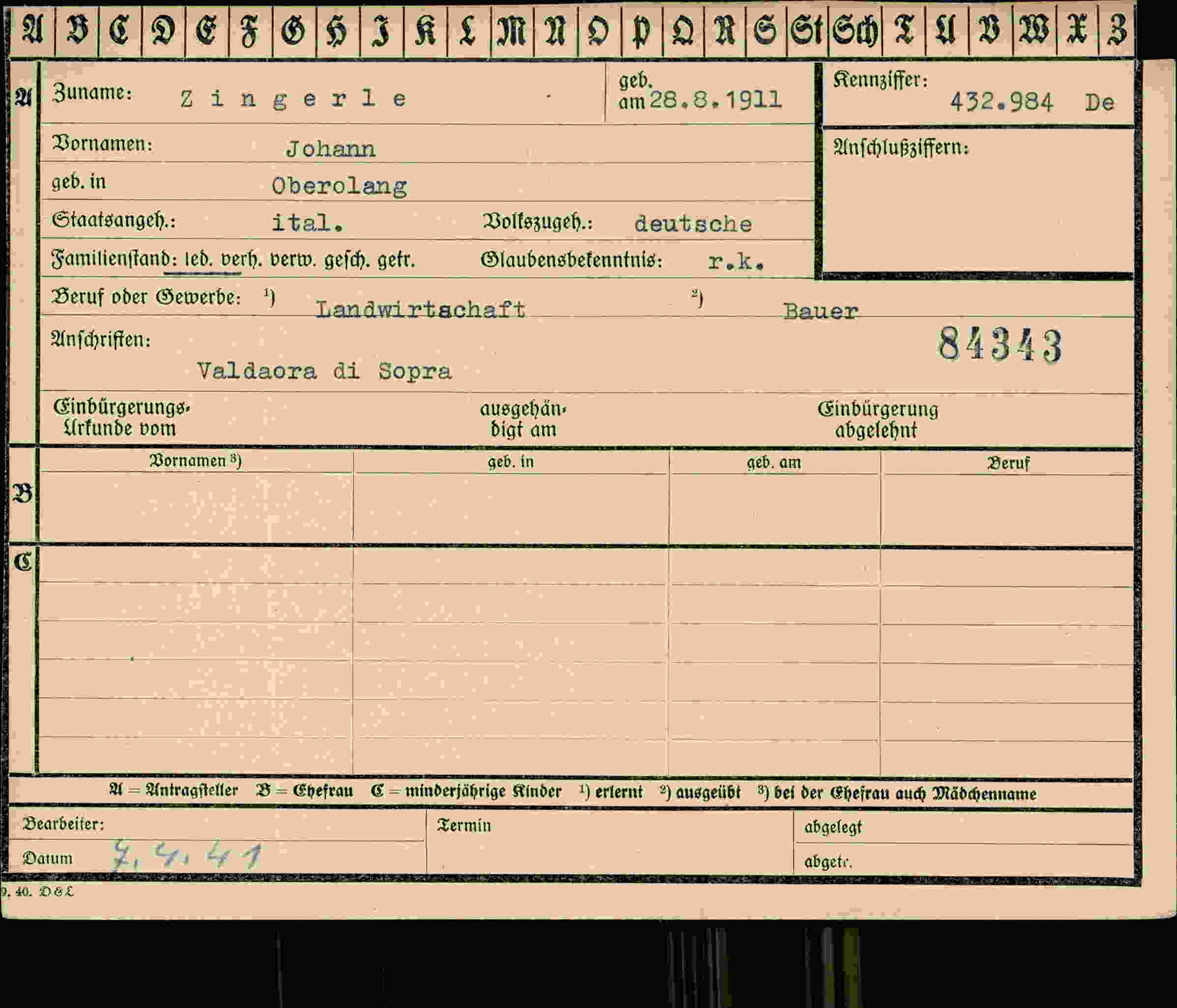 Dokument für Johann Zingerle