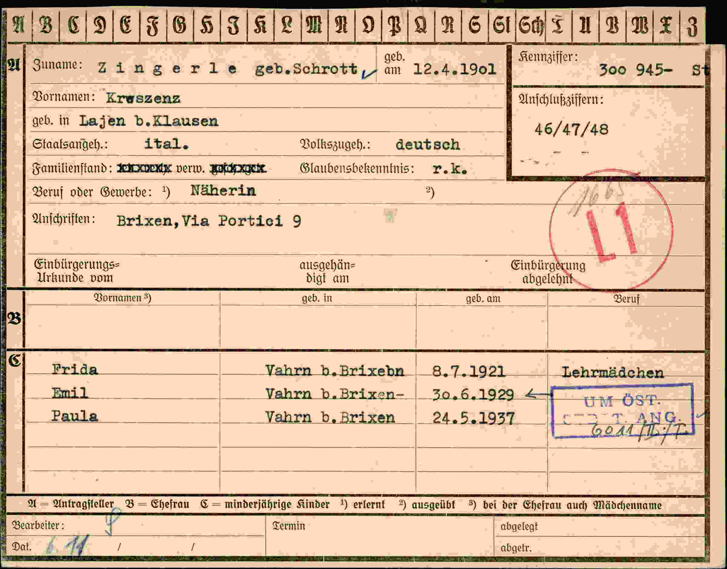 Dokument für Kreszenz Zingerle