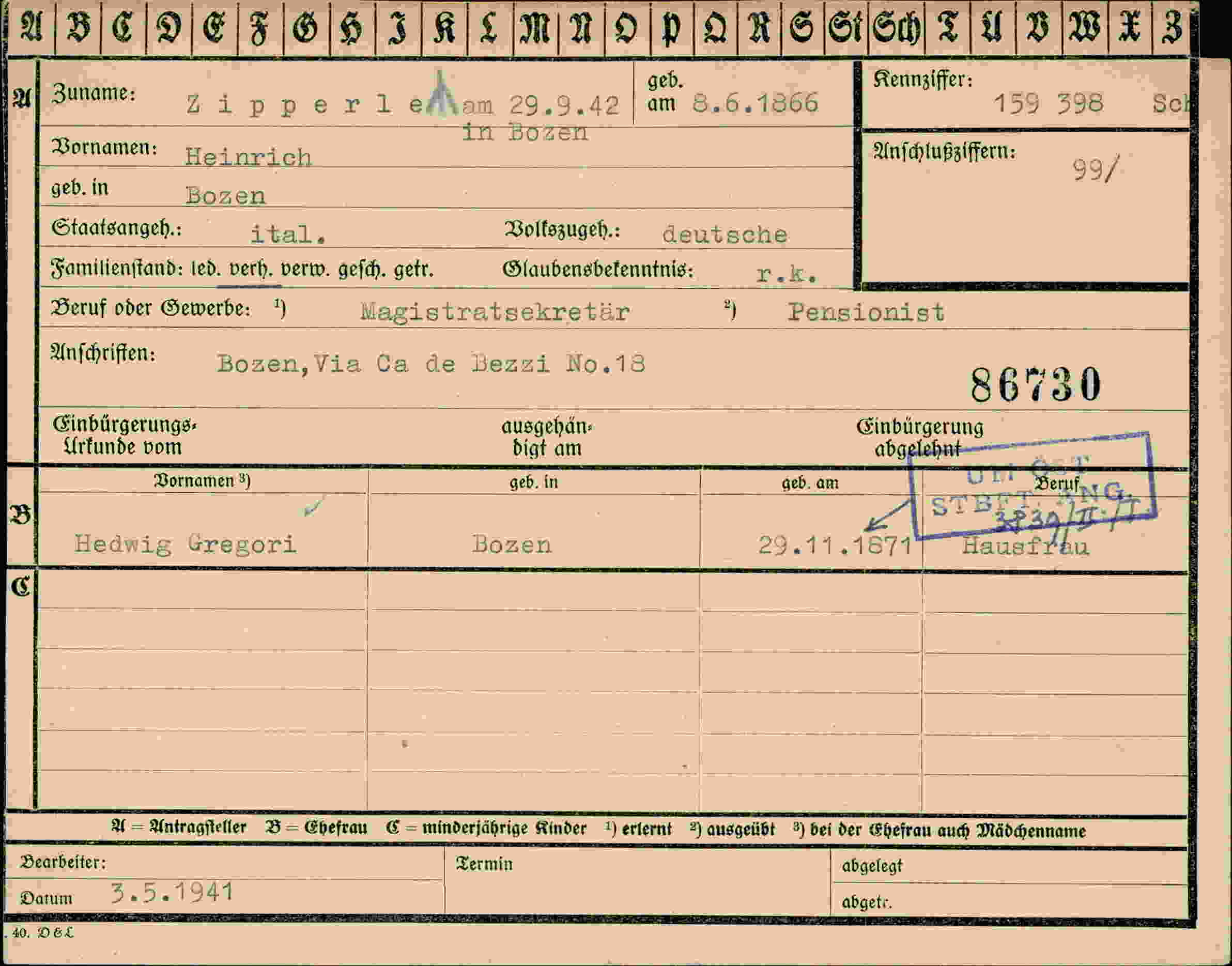 Dokument für Heinrich Zipperleam