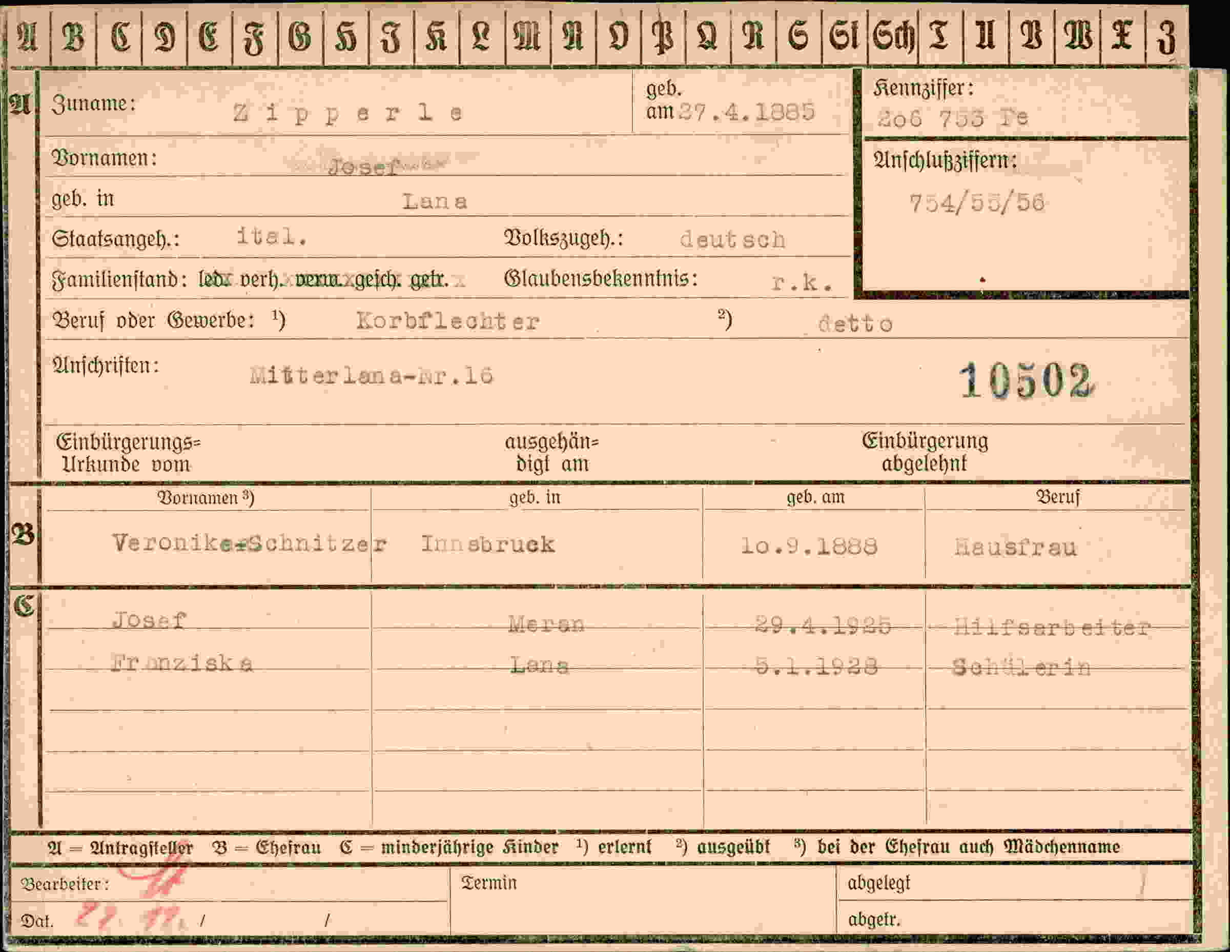 Dokument für Josef Zipperle