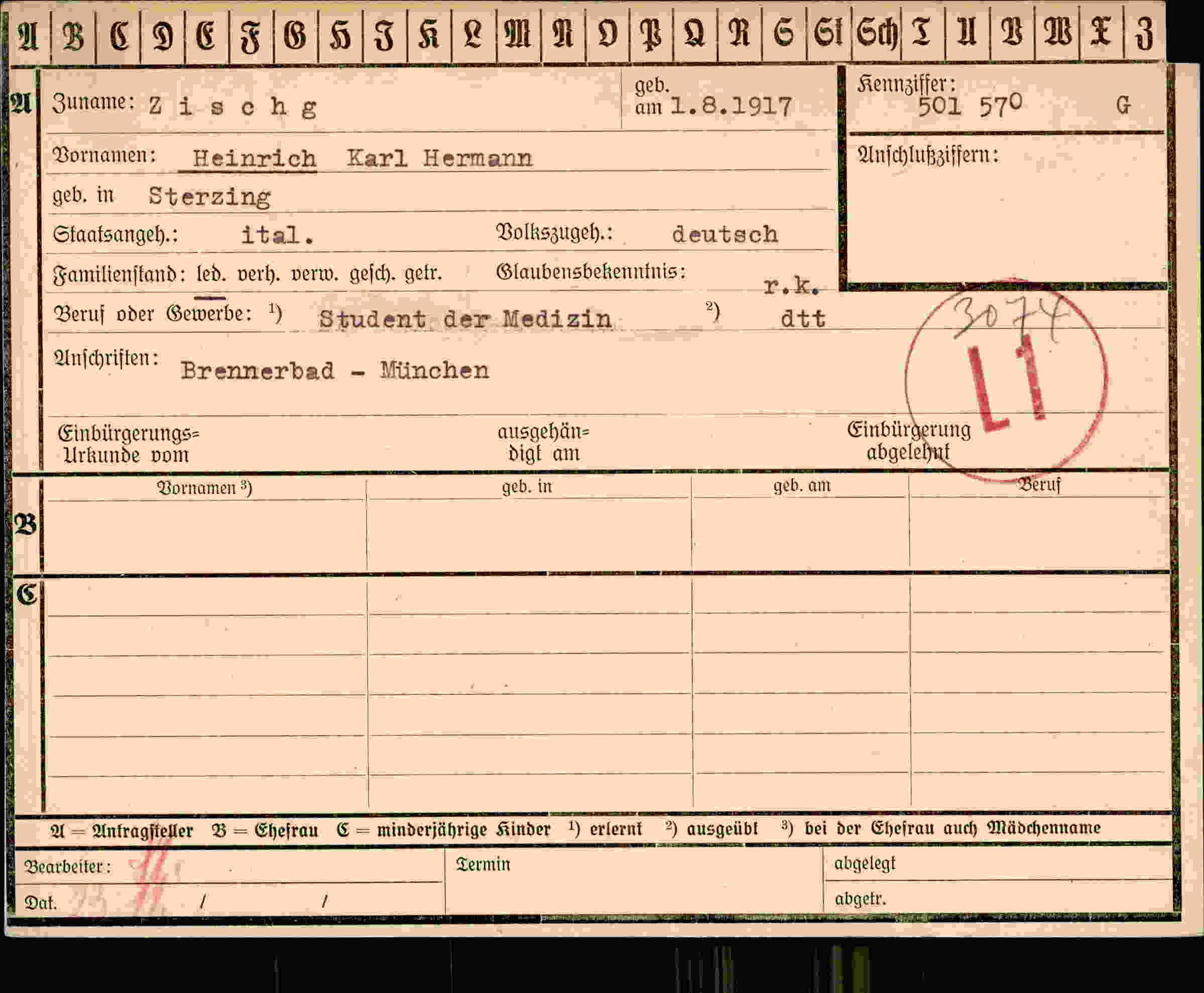 Dokument für Heinrich Karl Hermann Zischg