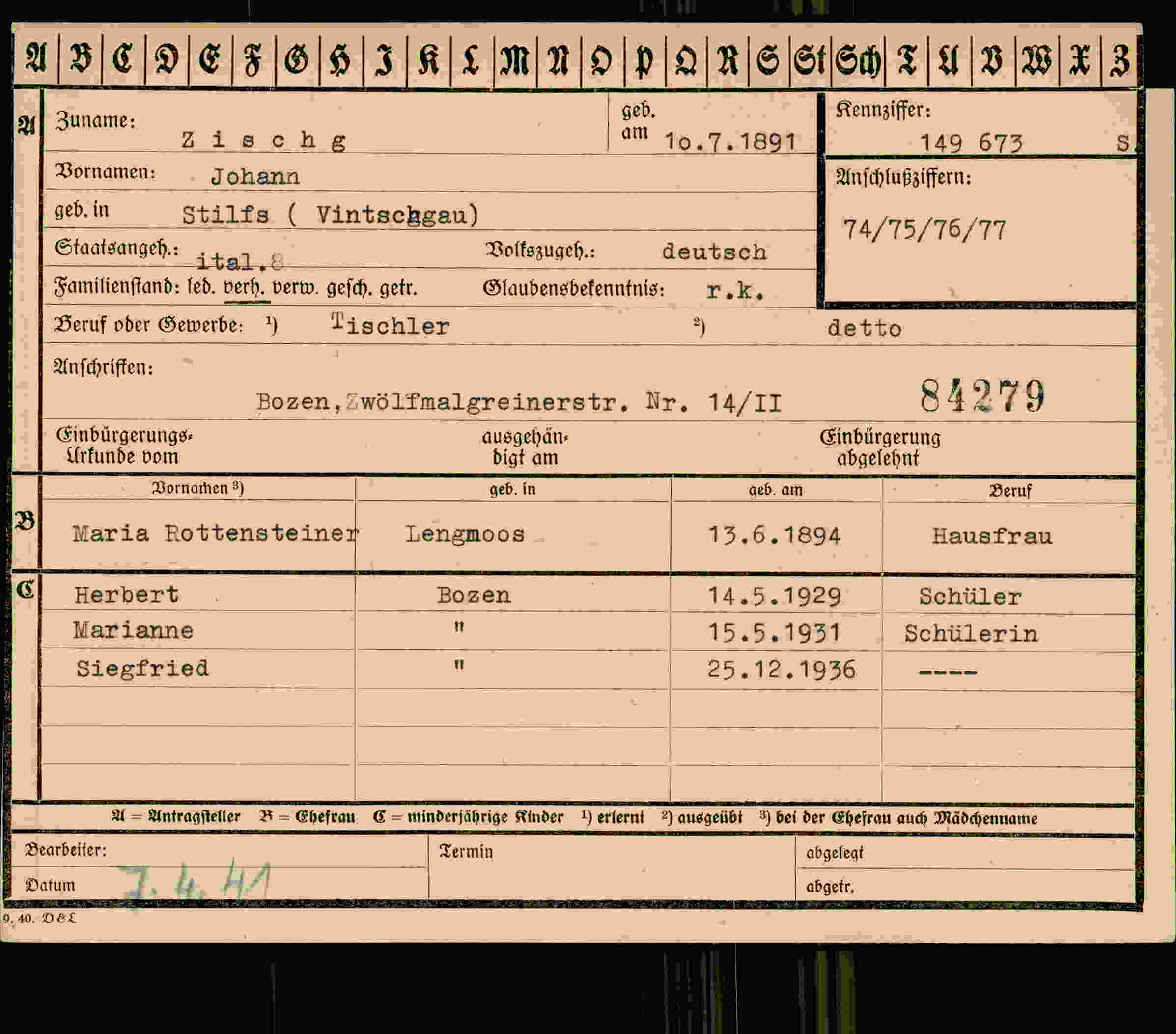 Dokument für Johann Zischg