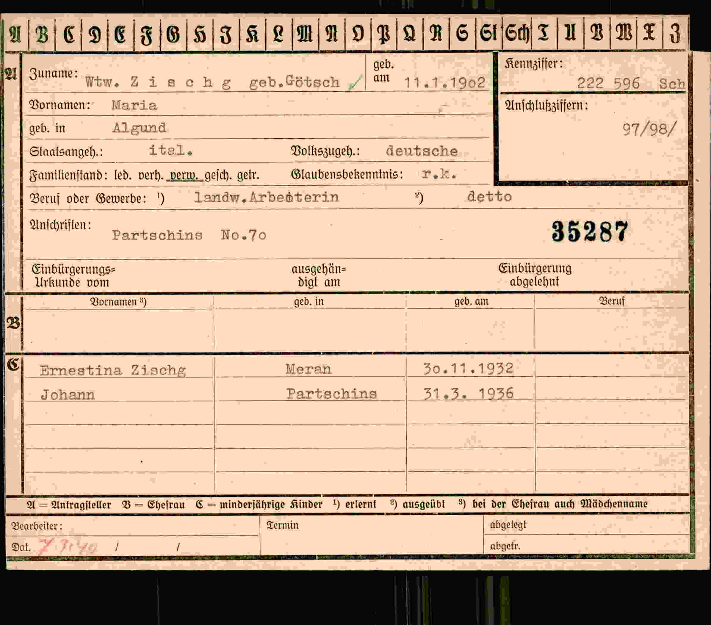 Dokument für Maria Zischg