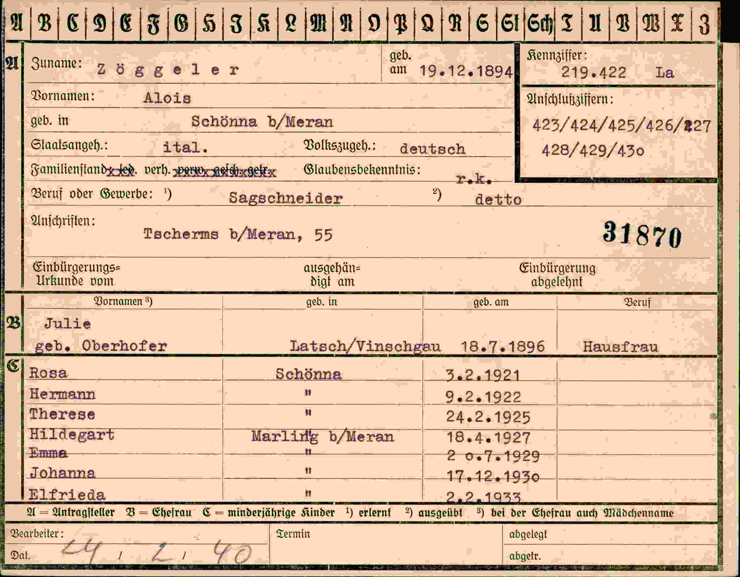 Dokument für Alois Zöggeler