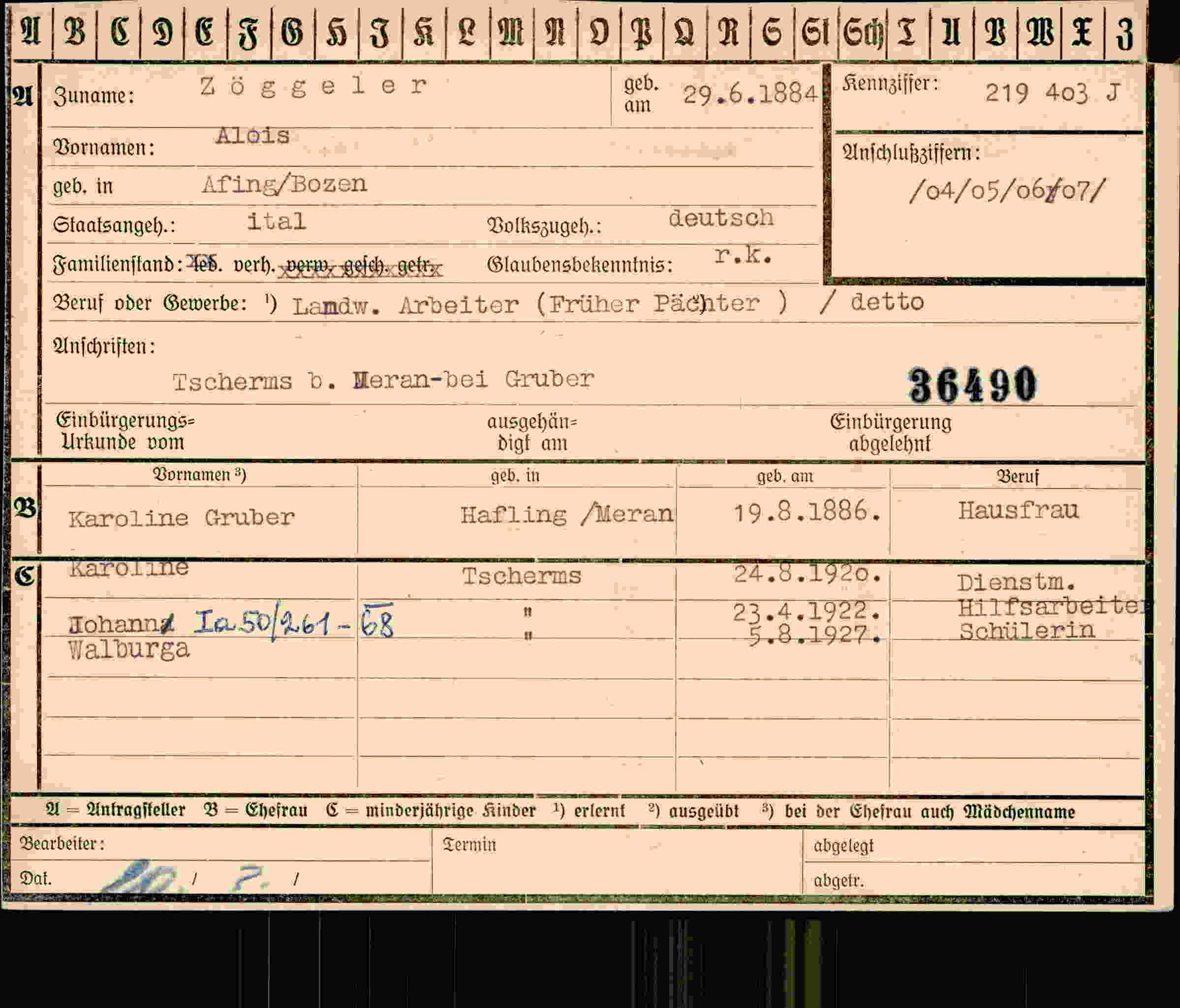 Dokument für Alois Zöggeler