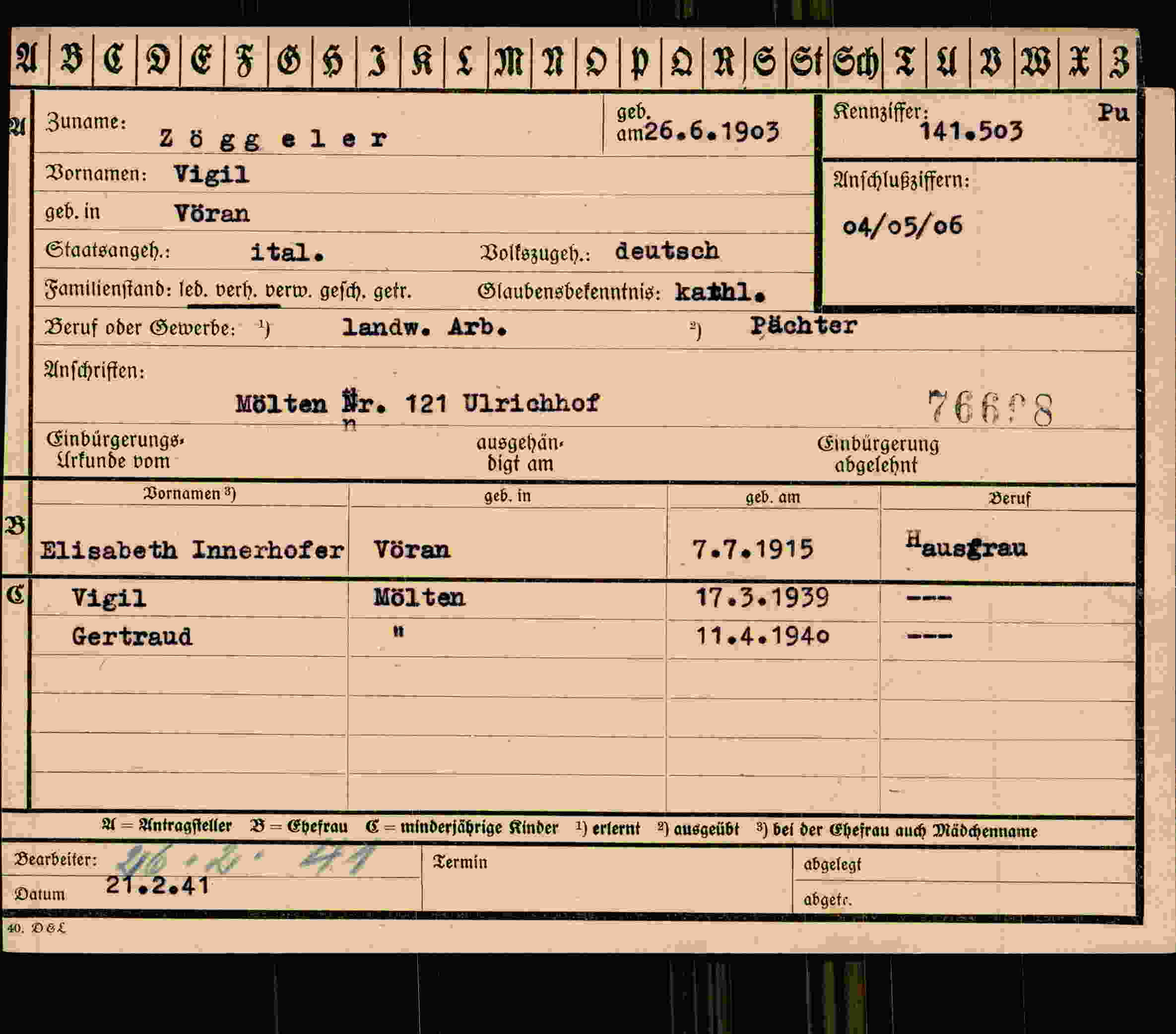 Dokument für Vigil Zöggeler