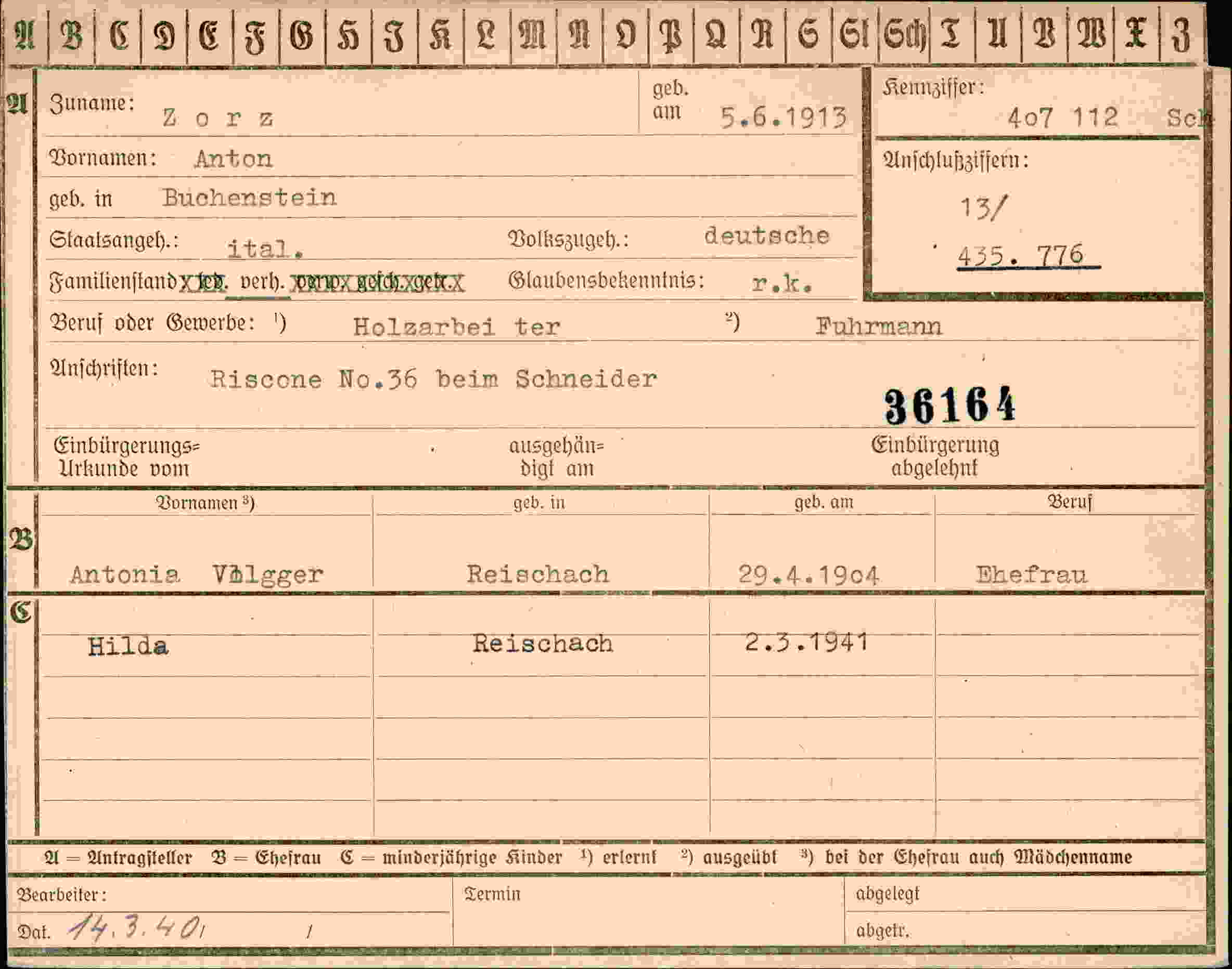 Dokument für Anton Zorz