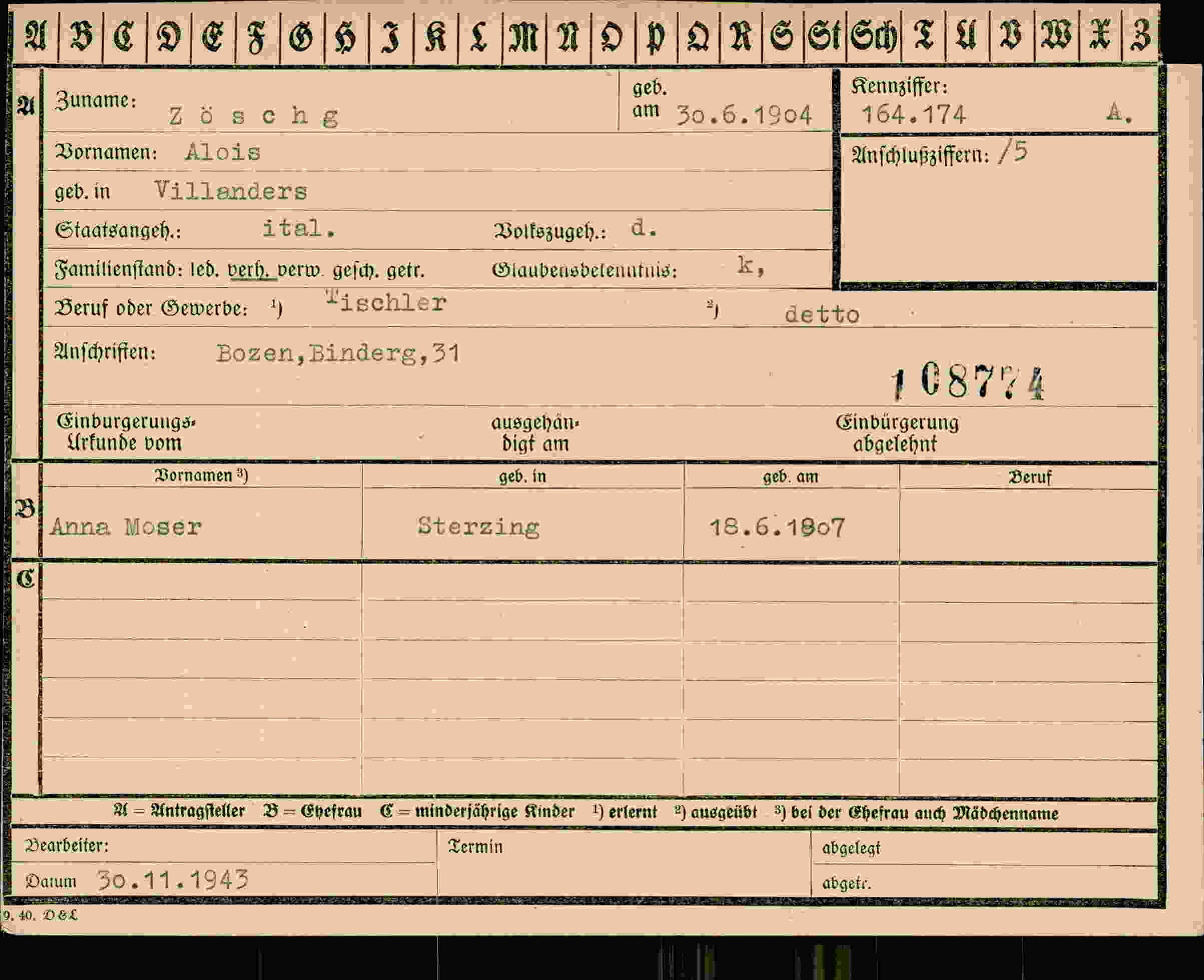 Dokument für Alois Zöschg