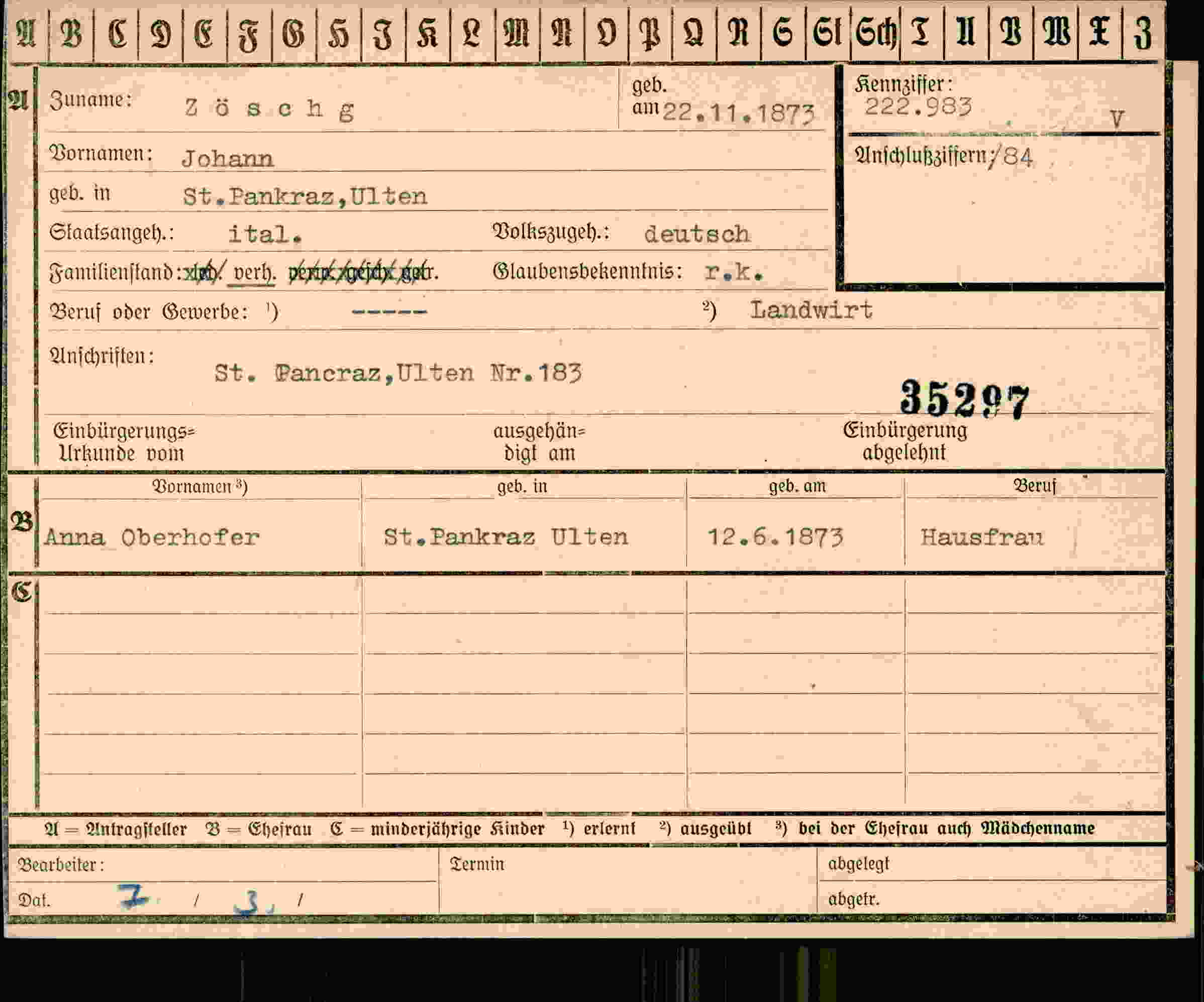 Dokument für Johann Zöschg