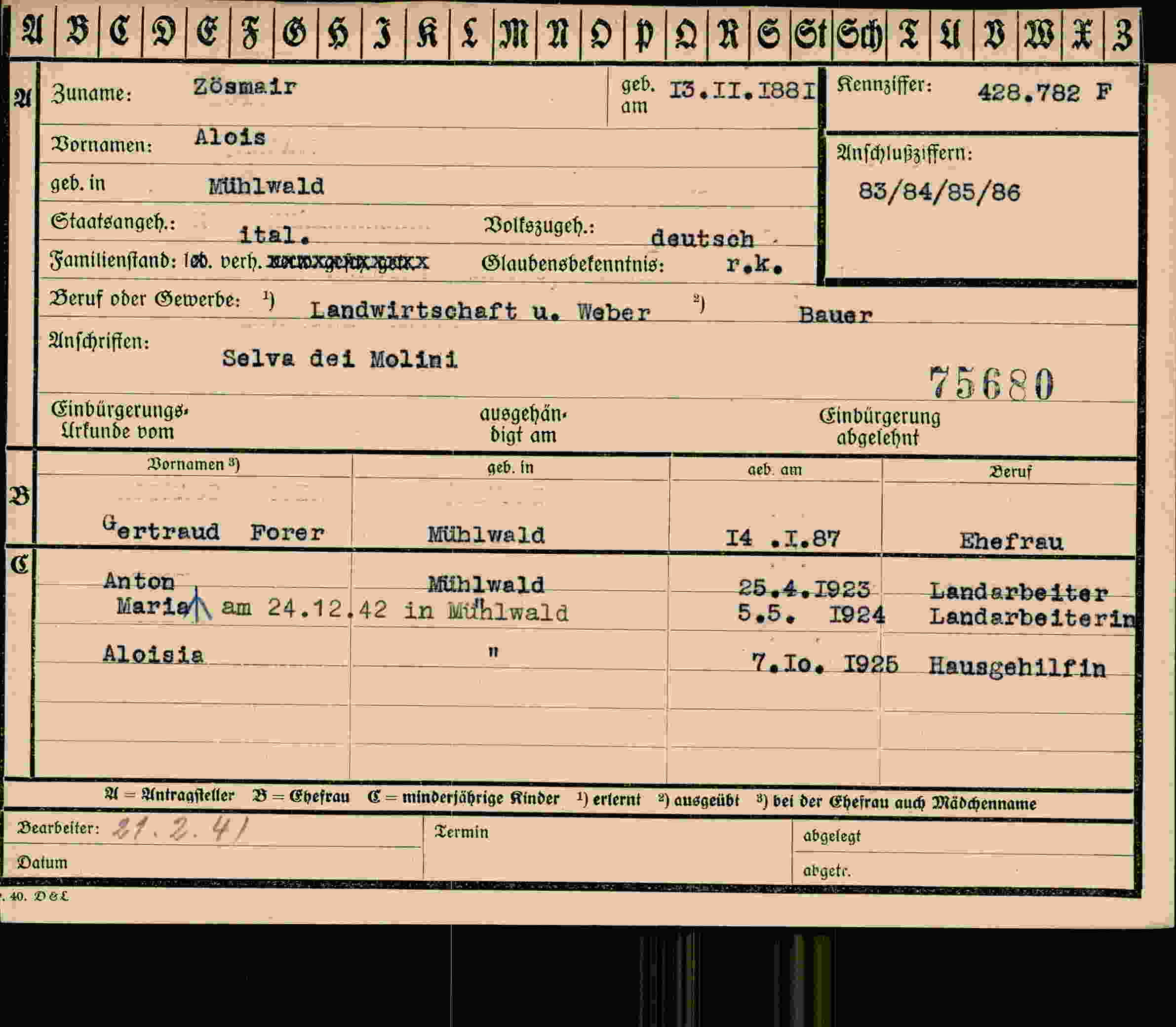 Dokument für Alois Zösmair