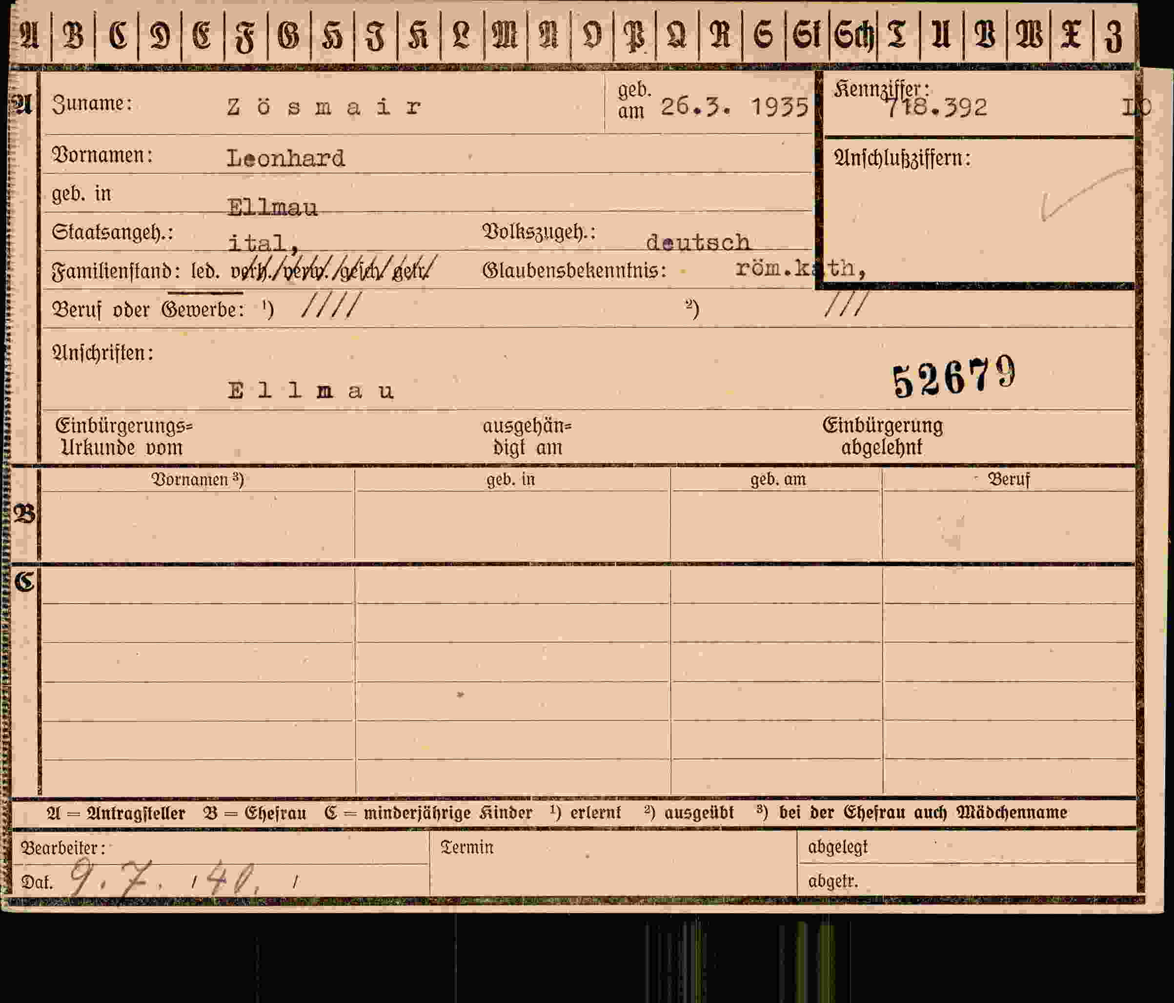 Dokument für Leonhard Zösmair