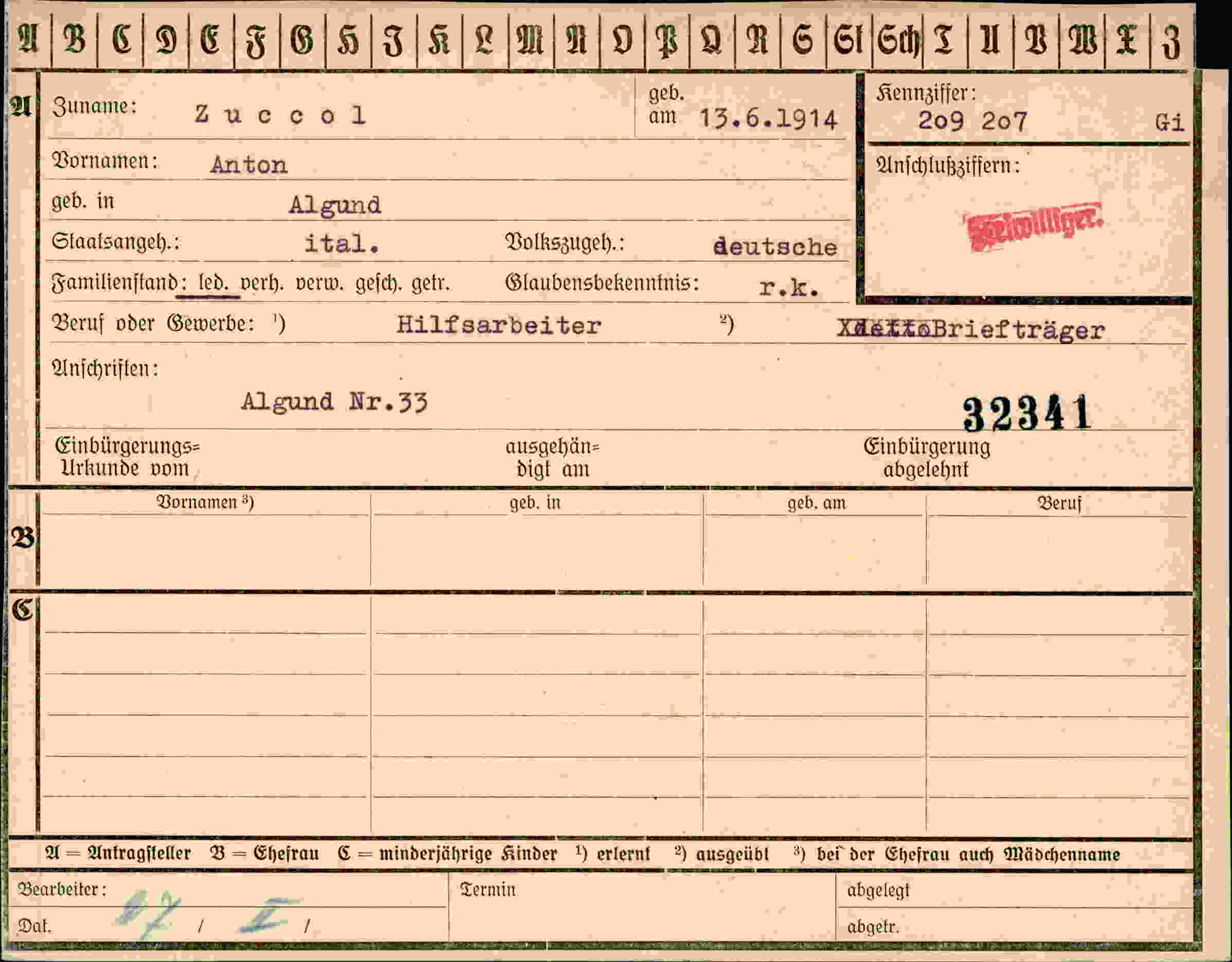 Dokument für Anton Zuccol