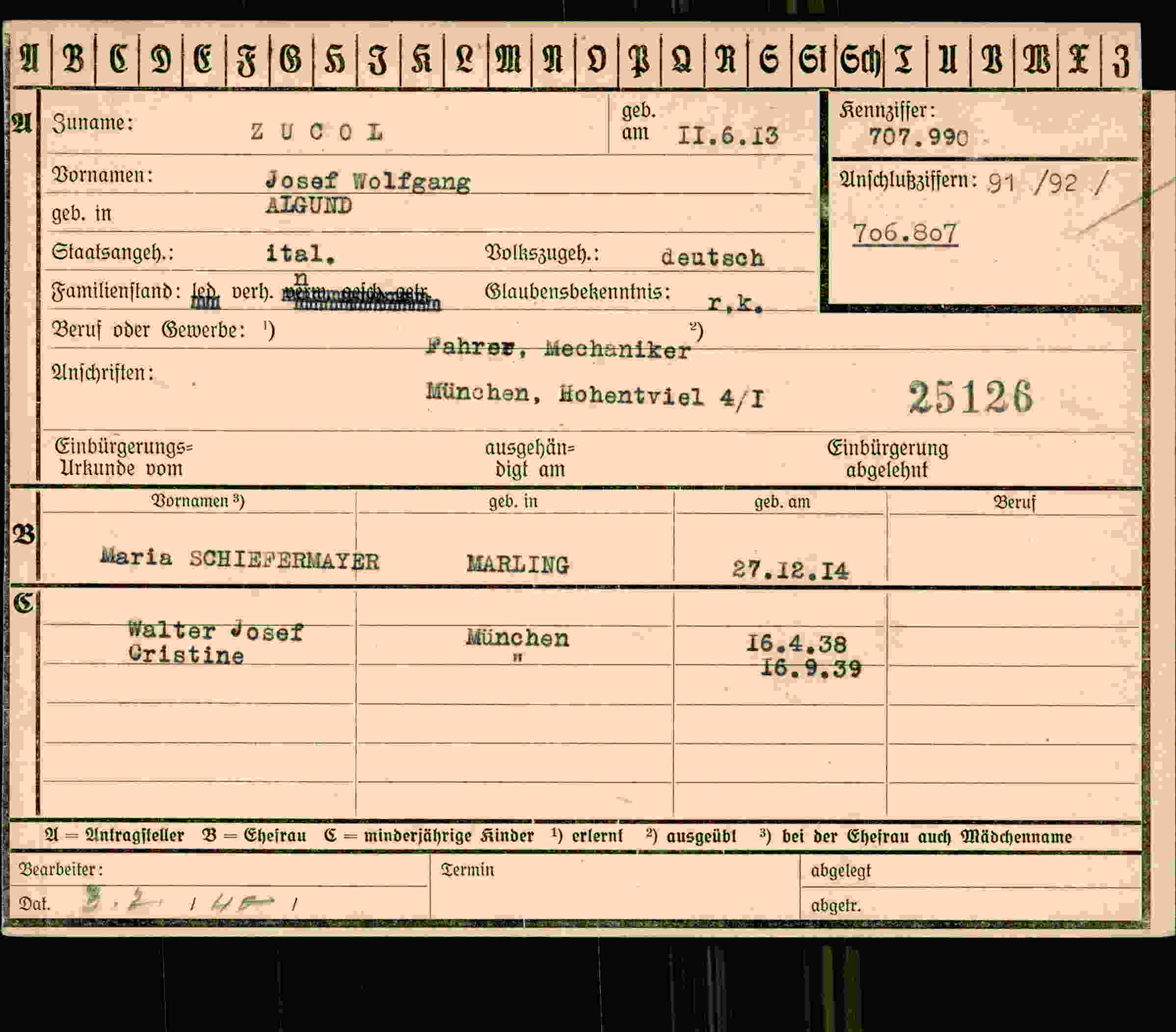 Dokument für Josef Wolfgang Zucol