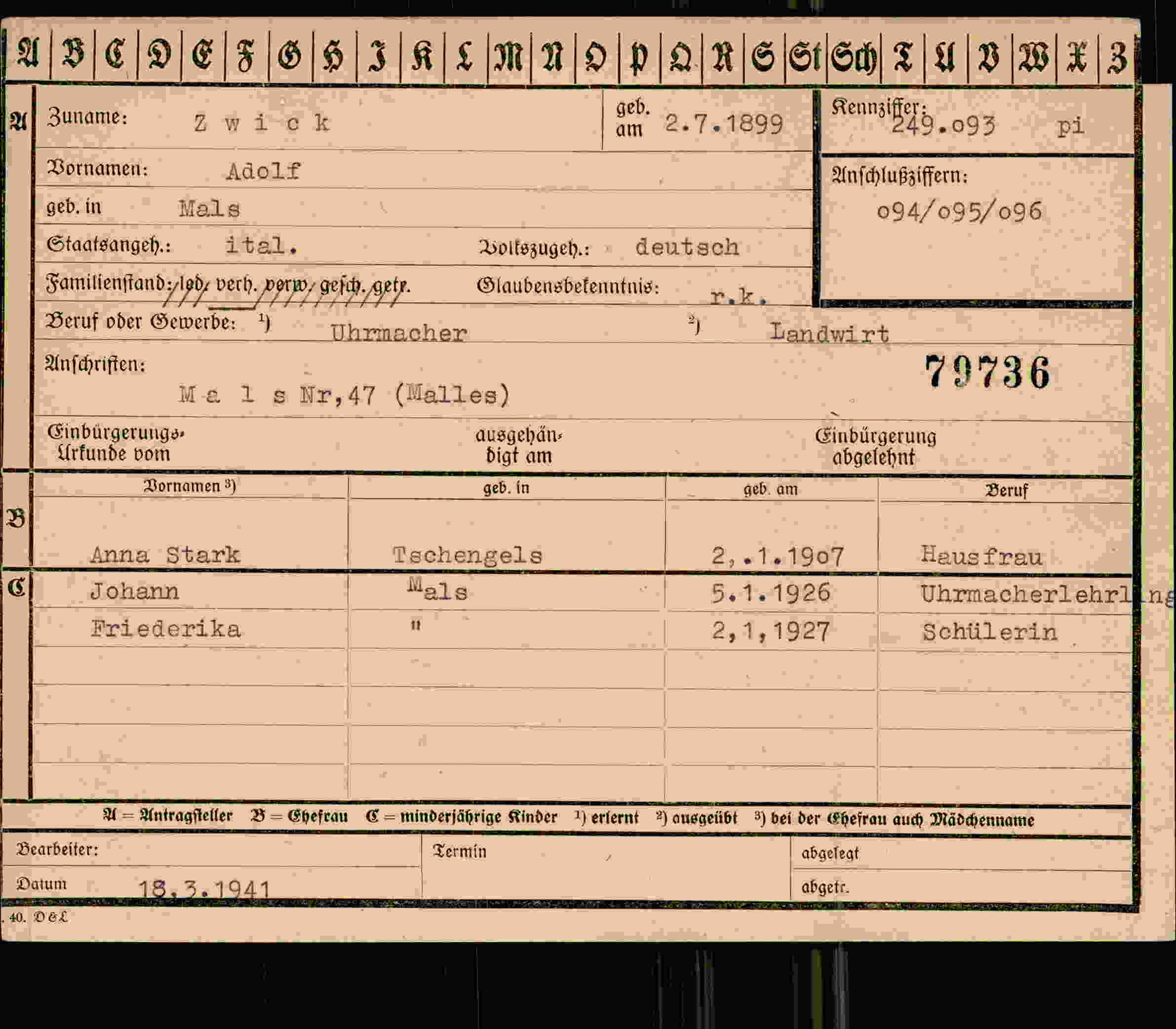 Dokument für Adolf Zwick