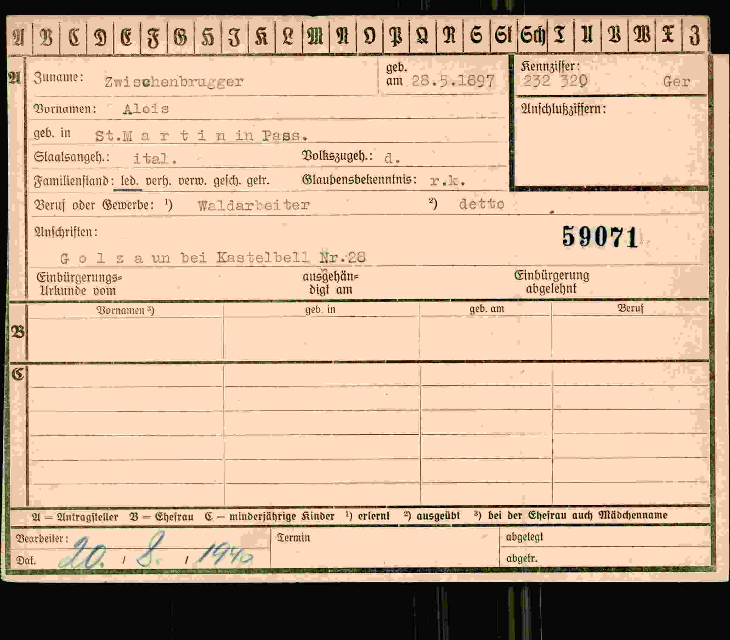 Dokument für Alois Zwischenbrugger